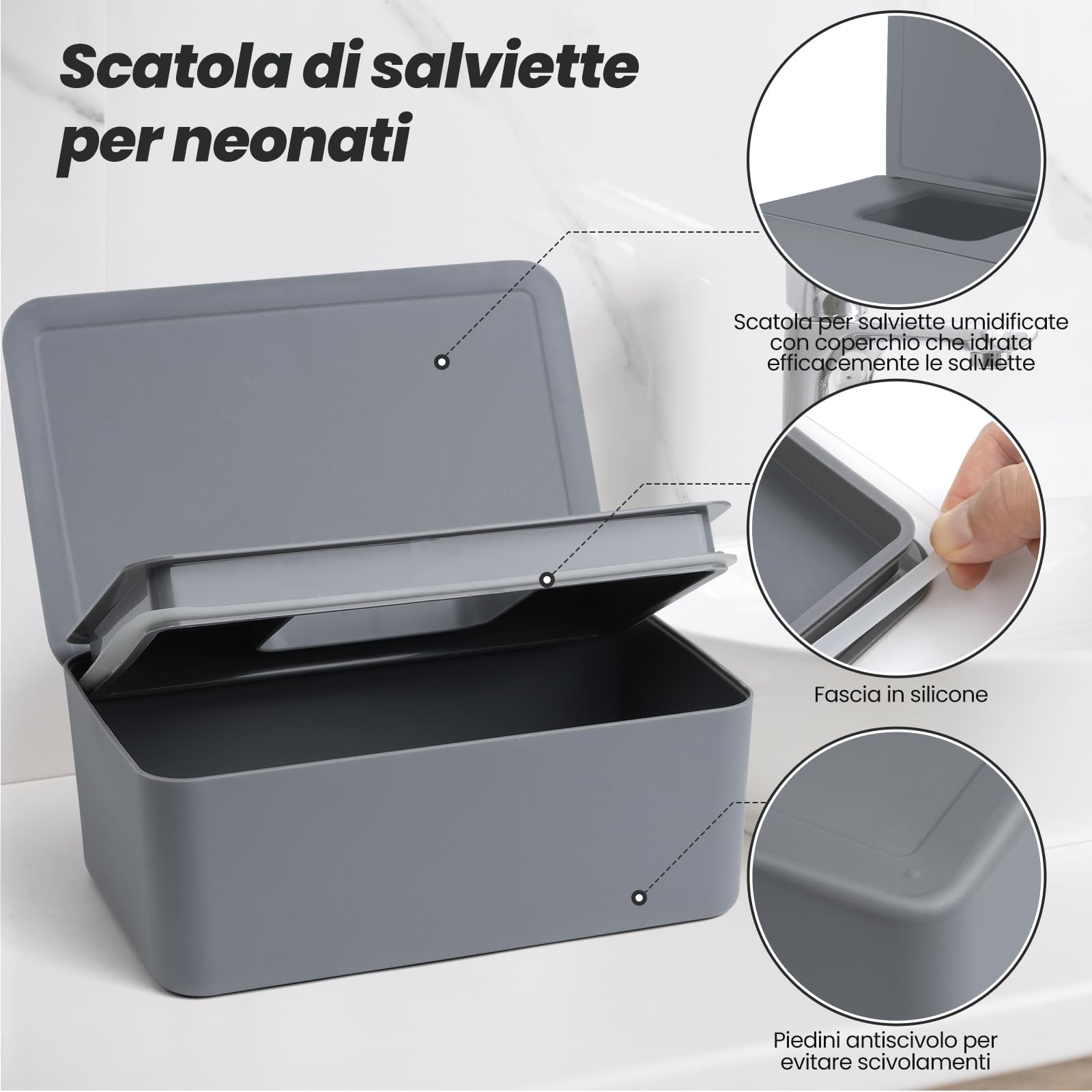 Scatola Porta Salviette Umidificate Dispenser con Coperchio Grigio