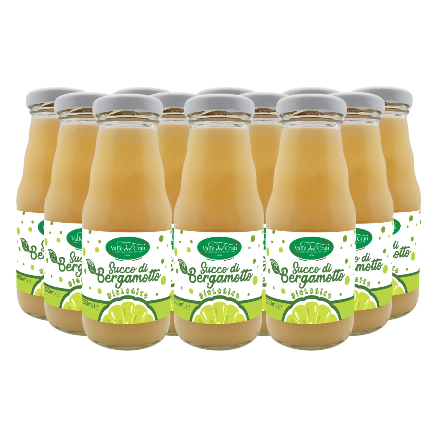 Valle del Crati Succo di Bergamotto BIO Calabrese | 100% Puro | 12 bottiglie da 200ml | senza Zuccheri Aggiunti e senza Conservanti | Bevanda Fresca e Dissetante | Spremuta di Bergamotto Biologico