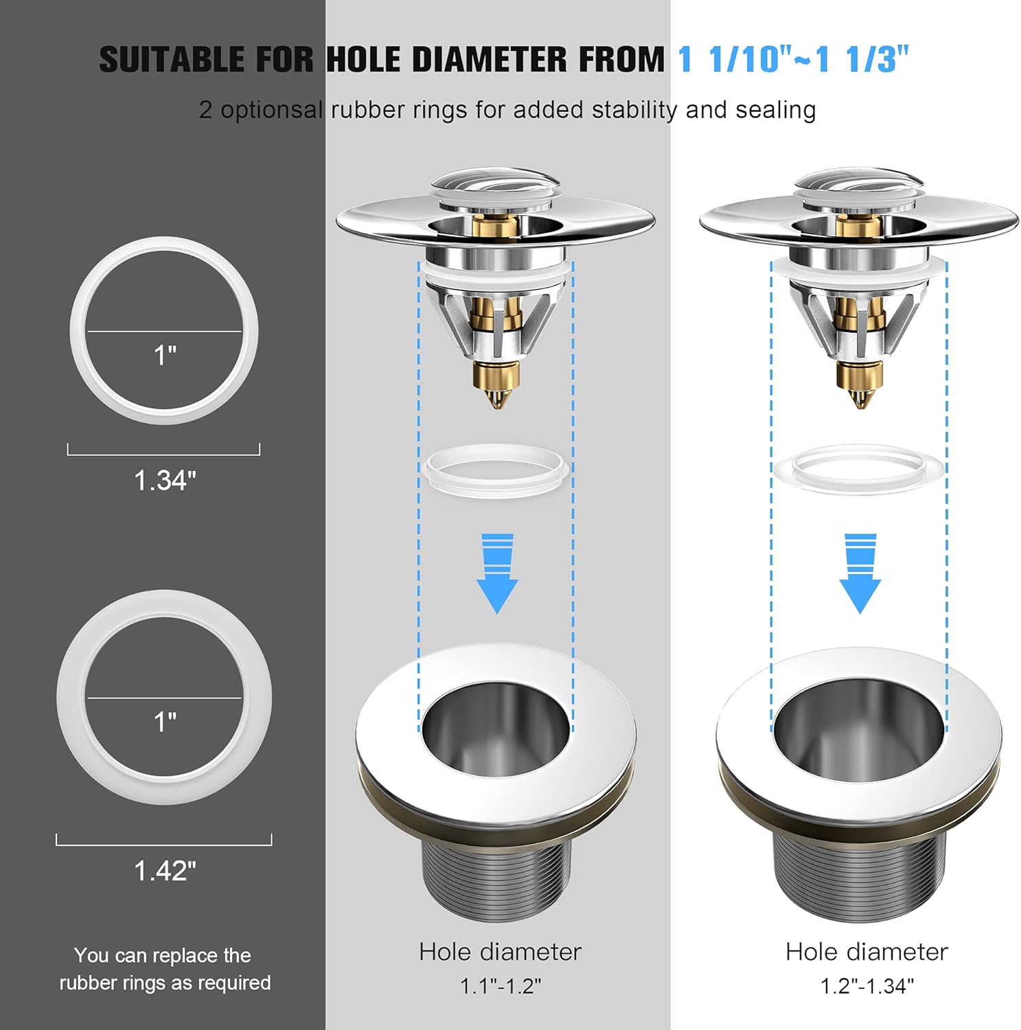 Bathroom Sink Stopper,1 1/4" Universal Sink Drain Strainer, Wiilkac Upgraded Stainless Steel Pop Up Drain Stopper with Anti-Clogging Filter Basket,for Diameter 1/10"~1 1/3" Drain Hole - - 