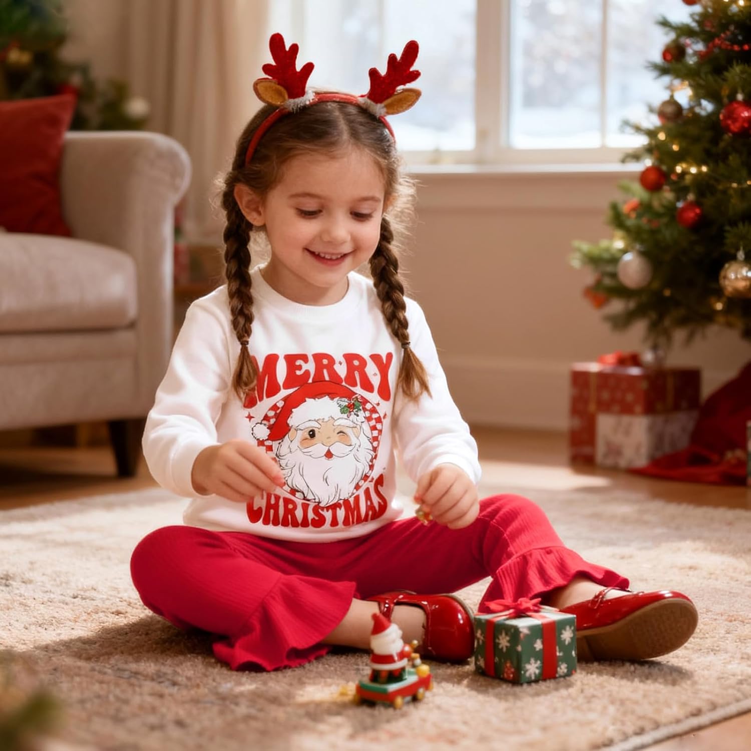 Toddler Infant Girl Christmas Outfit Baby Girls Santa Crewneck Sweatshirt Top Bell Bottoms Set Fall Winter Clothes - Image 3