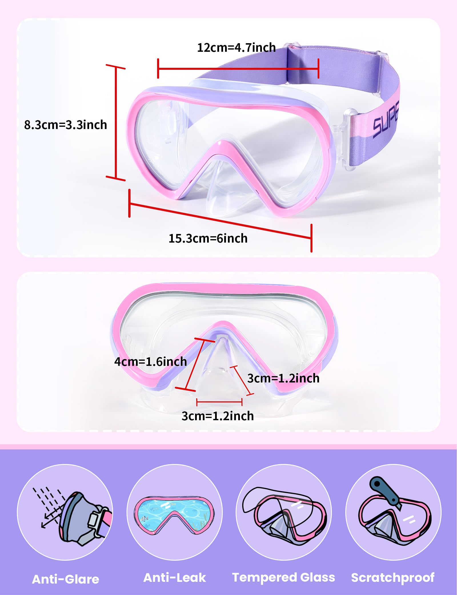 Supertrip Lunettes de natation pour enfants avec masque nasal pour garçons et filles de 6 à 14 ans piscine plage de sable | Masque de plongée en Verre trempé, Masque de plongée avec Tuba pour garçons et Filles, Piscine, Plage