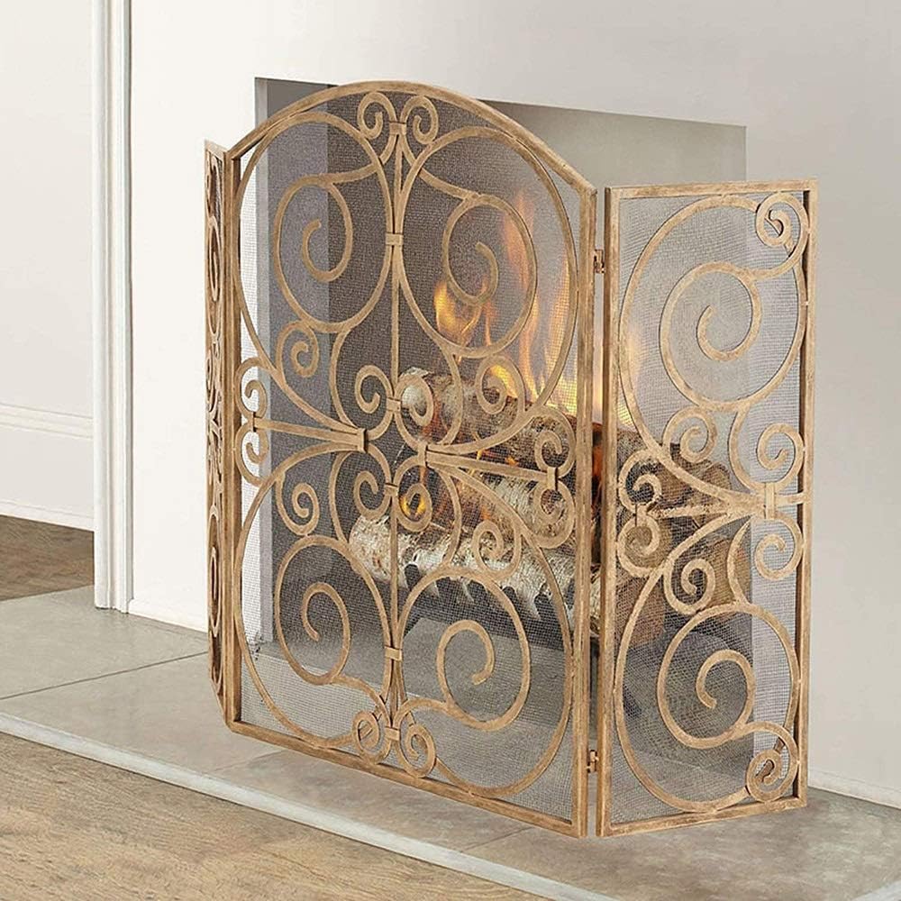 Large Foldable Fireplace Screen, 3-Panel Metal Mesh Fire Guard, 49.74"×30.1", Gold Color, Fire Protector for Open Hearth, Stylish Home Décor, Safety Barrier