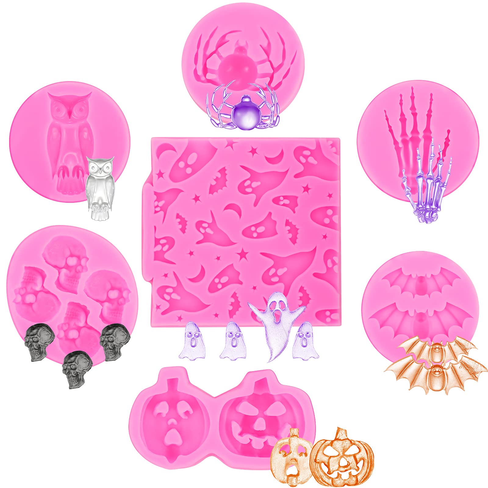 Patelai 7-Piece Halloween Silicone Cake Moulds: Ghost, Pumpkin, Spiders, Skull, Owl Fondant Moulds for Chocolate, Gum Paste, Polymer Clay, Epoxy Resin