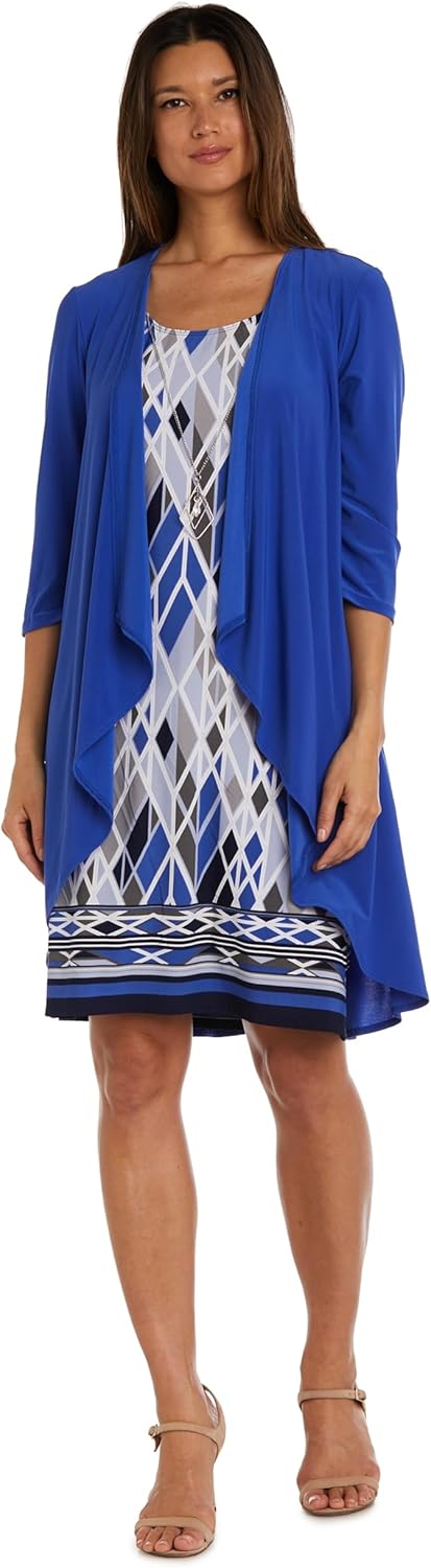 Elegant Knee-Length Geometric Shift Dress W/ 3/4 Sleeve Draped Flyaway Jacket
