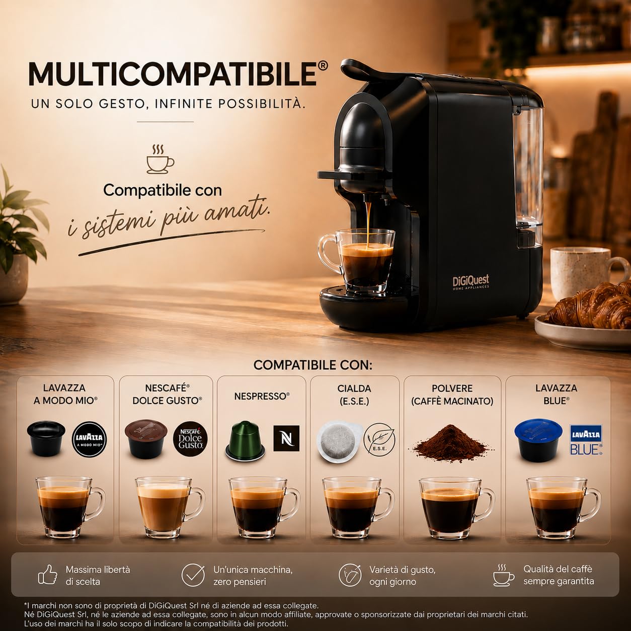 DIGIQUEST Macchina da caffè COFFY BLACK 3in1 compatibile con cialda, capsule Nespresso® e Lavazza® A Modo Mio® | Caffè corto e lungo | Potenza 1450 W | 0,6 Litri | 19 Bar