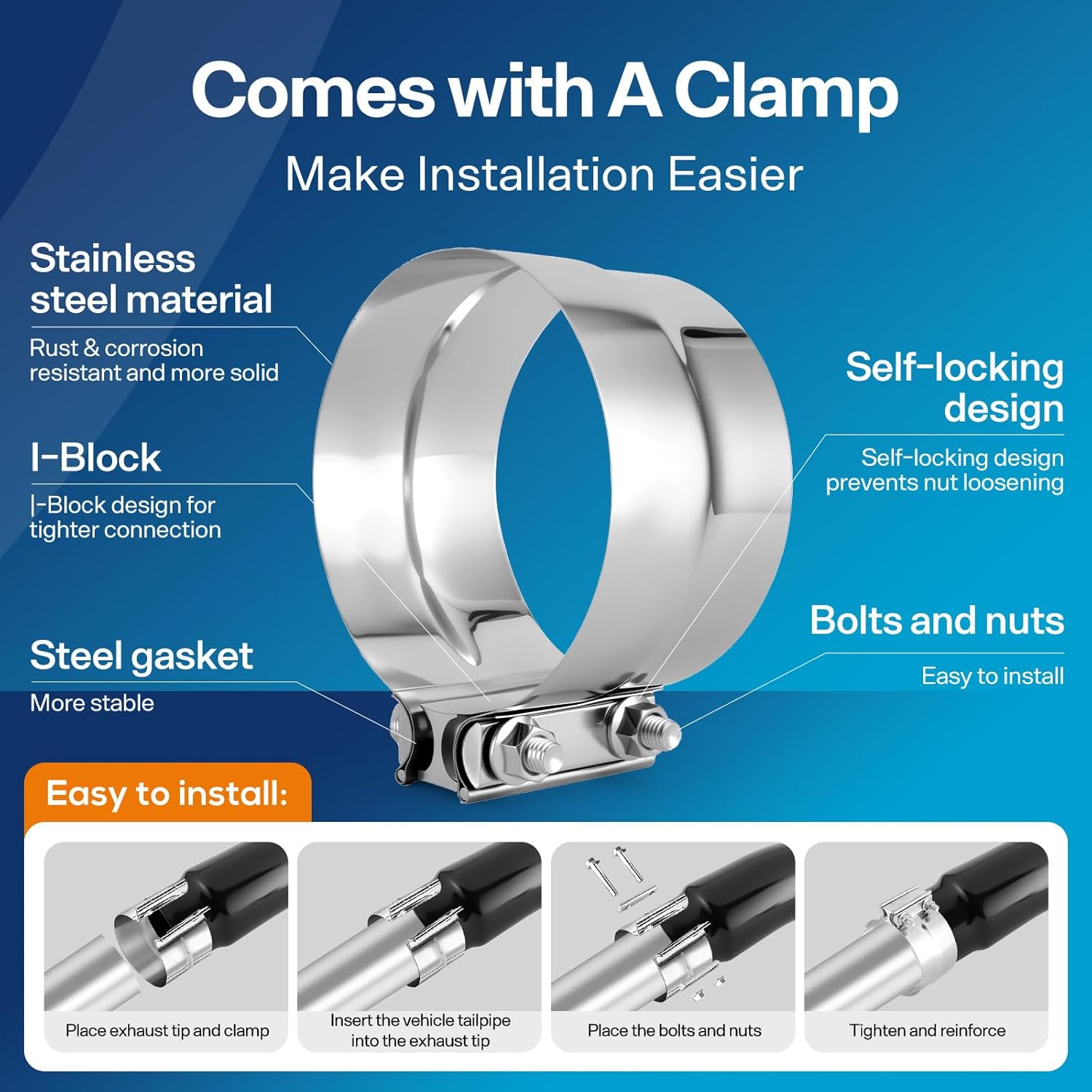 Universal Exhaust Elbow Pipe 5” Inlet 6" Outlet with Steel Clamp - Chrome/Black Finish for Cars & Trucks