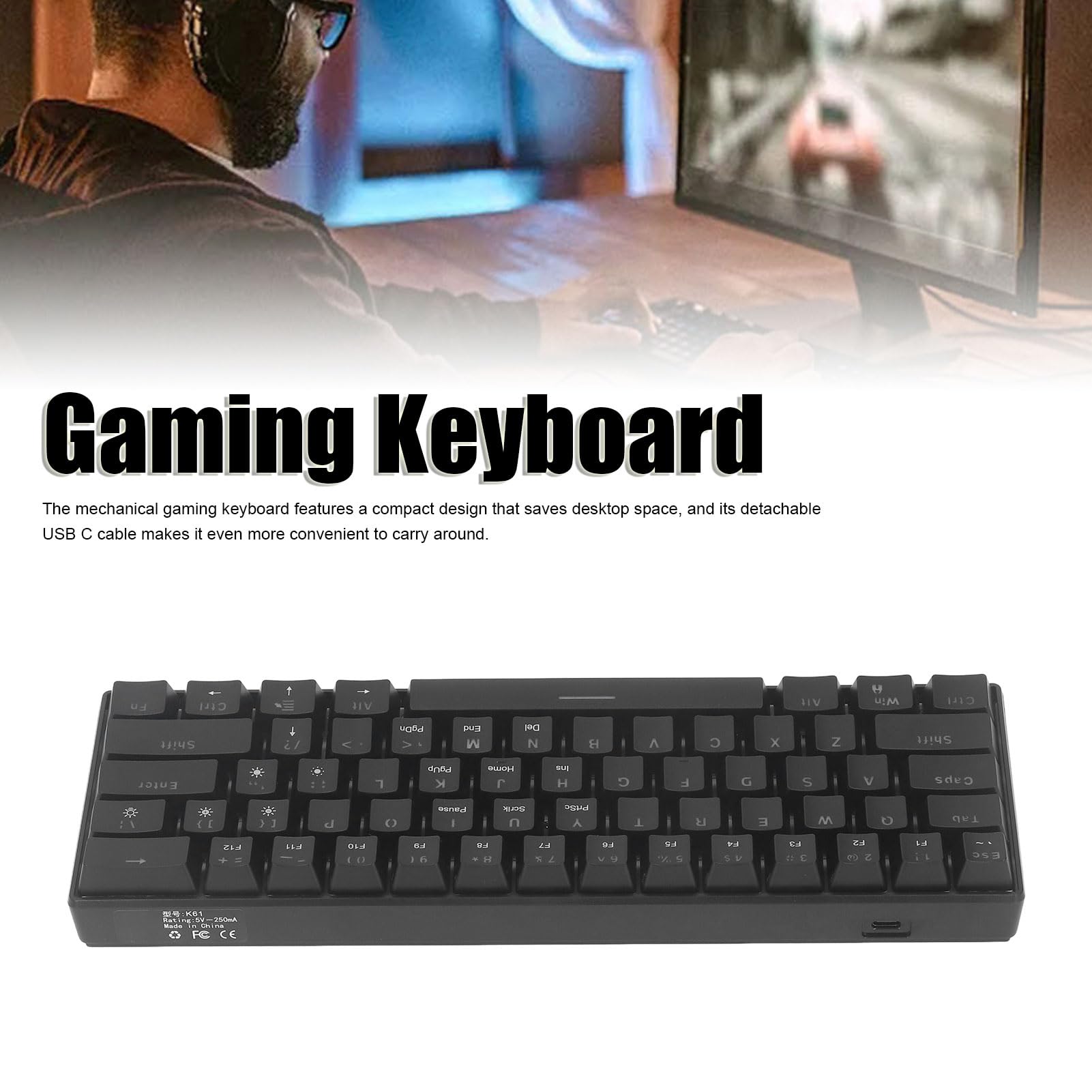 Teclados Para Juegos 60%, Teclado Mecánico Ultracompacto Con Cable De 61 Teclas