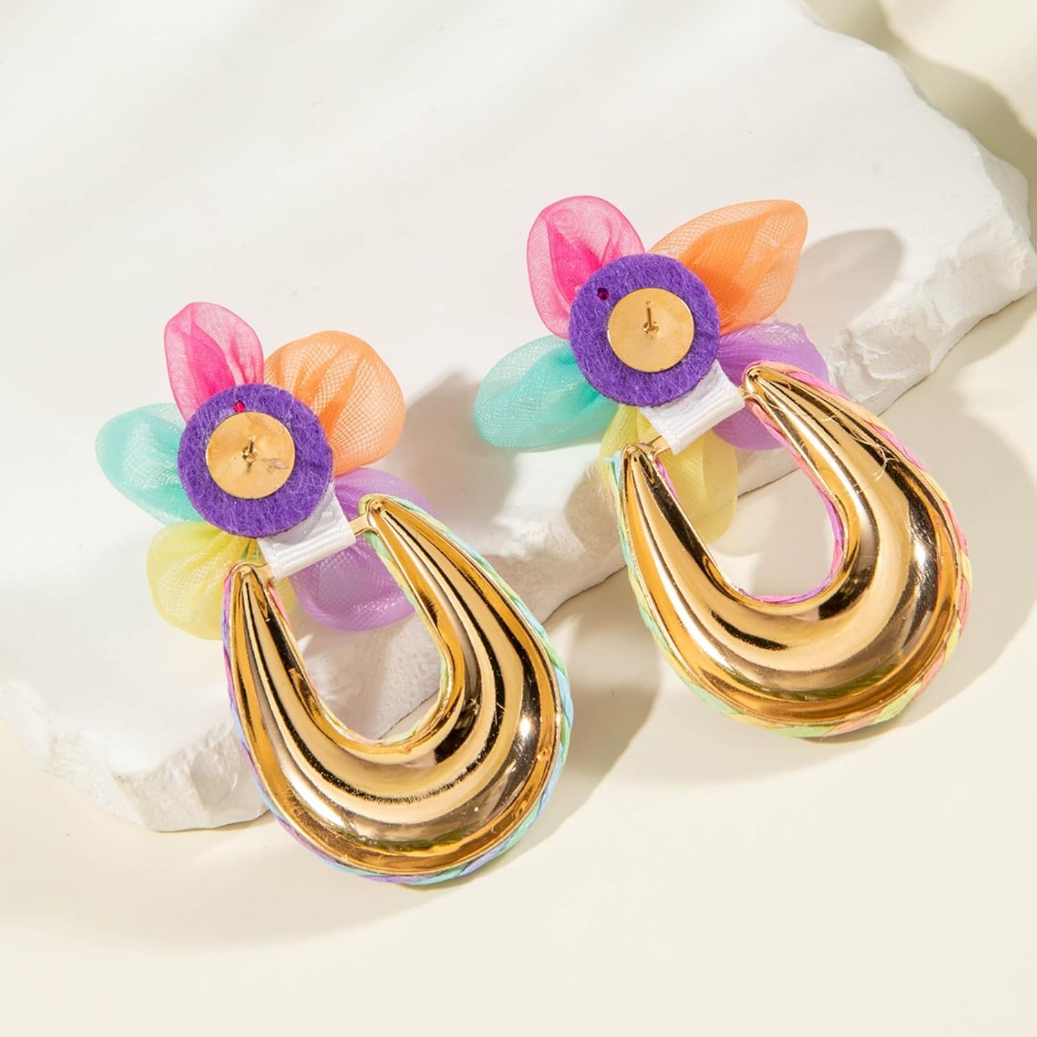 Vintage Flower Earrings for Women,Boho Colorful Handmade Weaving Flower Earring Statement Geometry Straw Dangle Drop Earring Beach Party Wedding Jewelry - Image 6