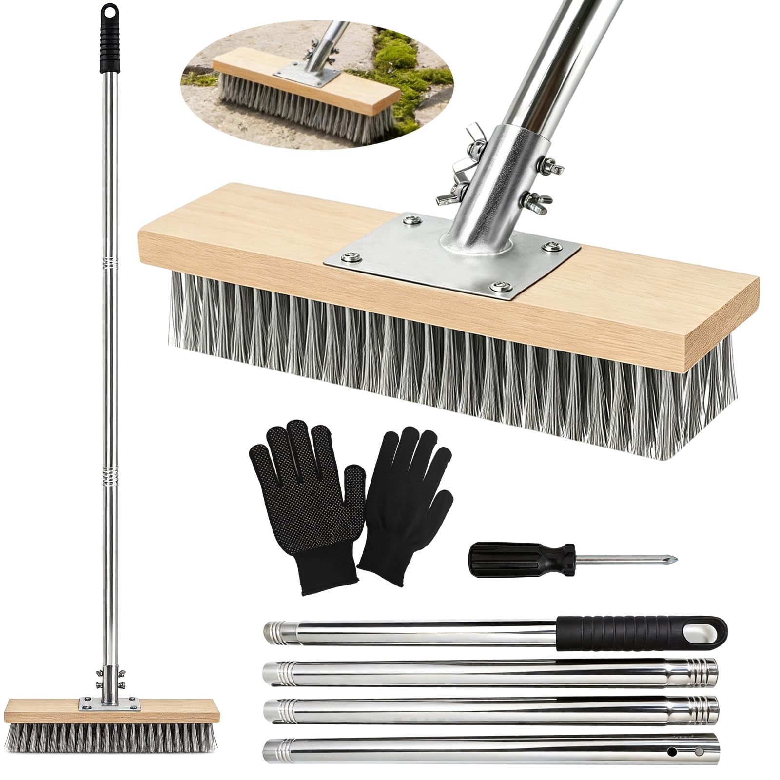 Balai Métallique Robuste avec Manche Télescopique 150cm, Brosse 40cm en Acier pour Enlever Mousse et Mauvaises Herbes, Nettoyage Puissant pour Terrasse, Jardin et Piscine (40 cm)