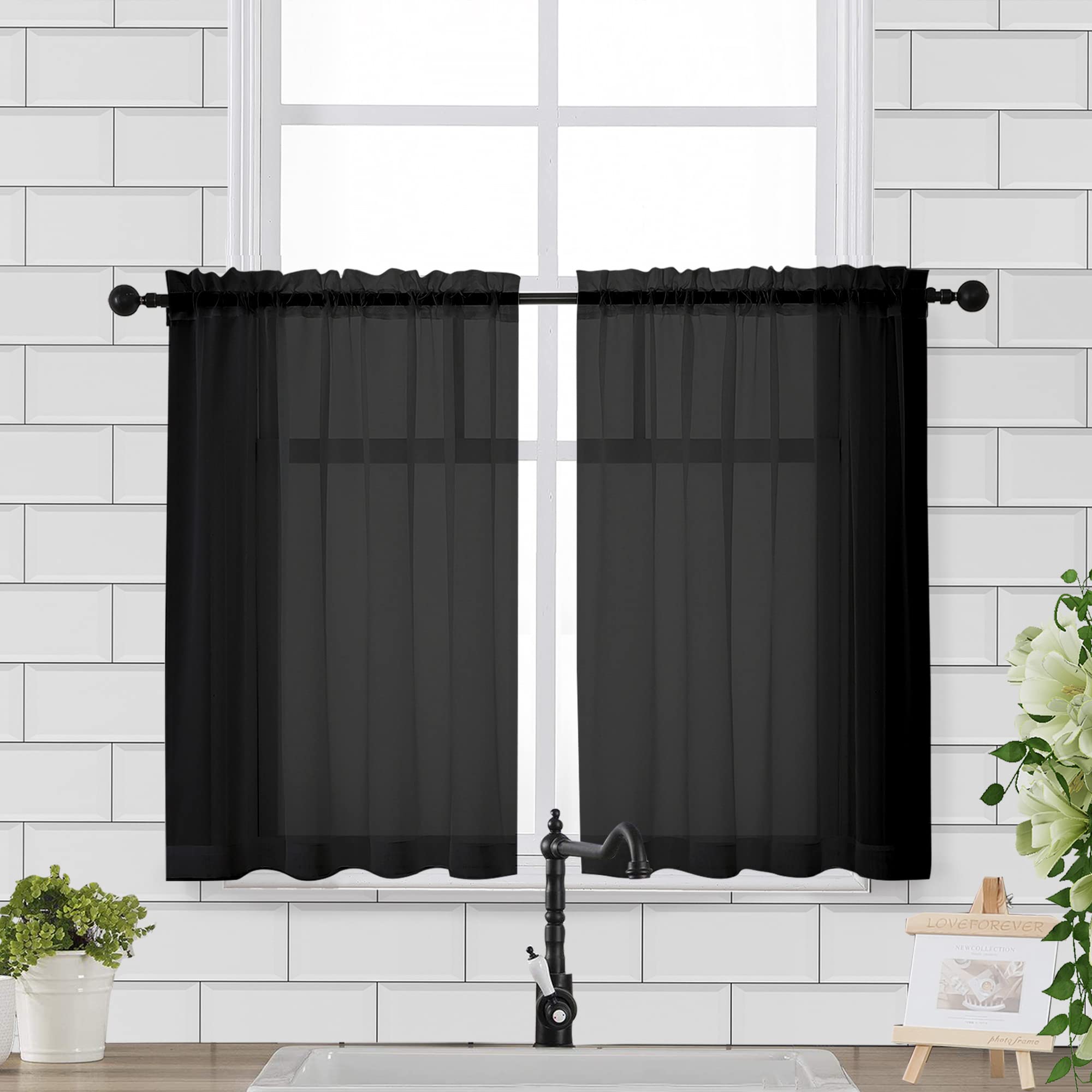 Chyhomenyc Window Sheer Curtains Tier Pair - 36in Length, Short Voile Sheer Curtains for Small Window Bathroom Cafe Living Room Farmhouse, 2PCS, 42W x 36L inches, Rod Pocket, Black