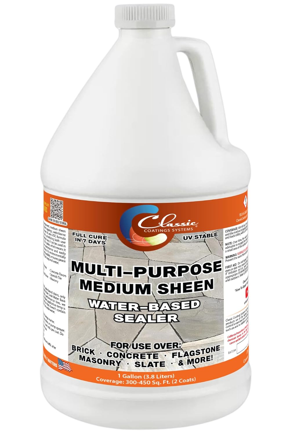 Classic Coatings | Water-Based Sealer | Satin Medium Gloss, Ready-to-Use | Interior/Exterior Surfaces | Concrete, Brick, Masonry, Flagstone, & More | (Satin, 1-Gallon)