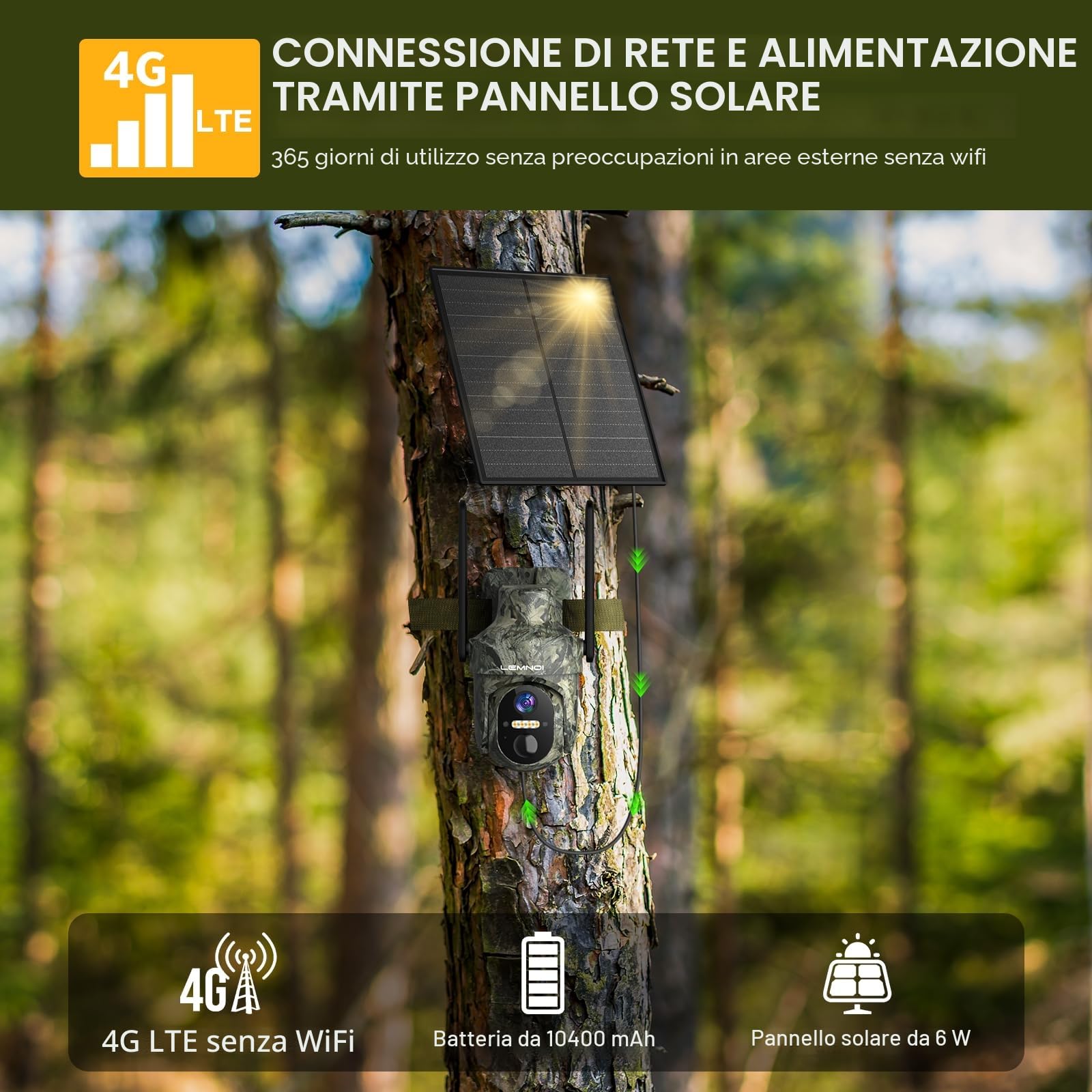 Fotocamera da Caccia 4G con SIM Preinstallato, Fototrappola Solare 2K, Visione Notturna a Colori, Rilevamento PIR, IP66