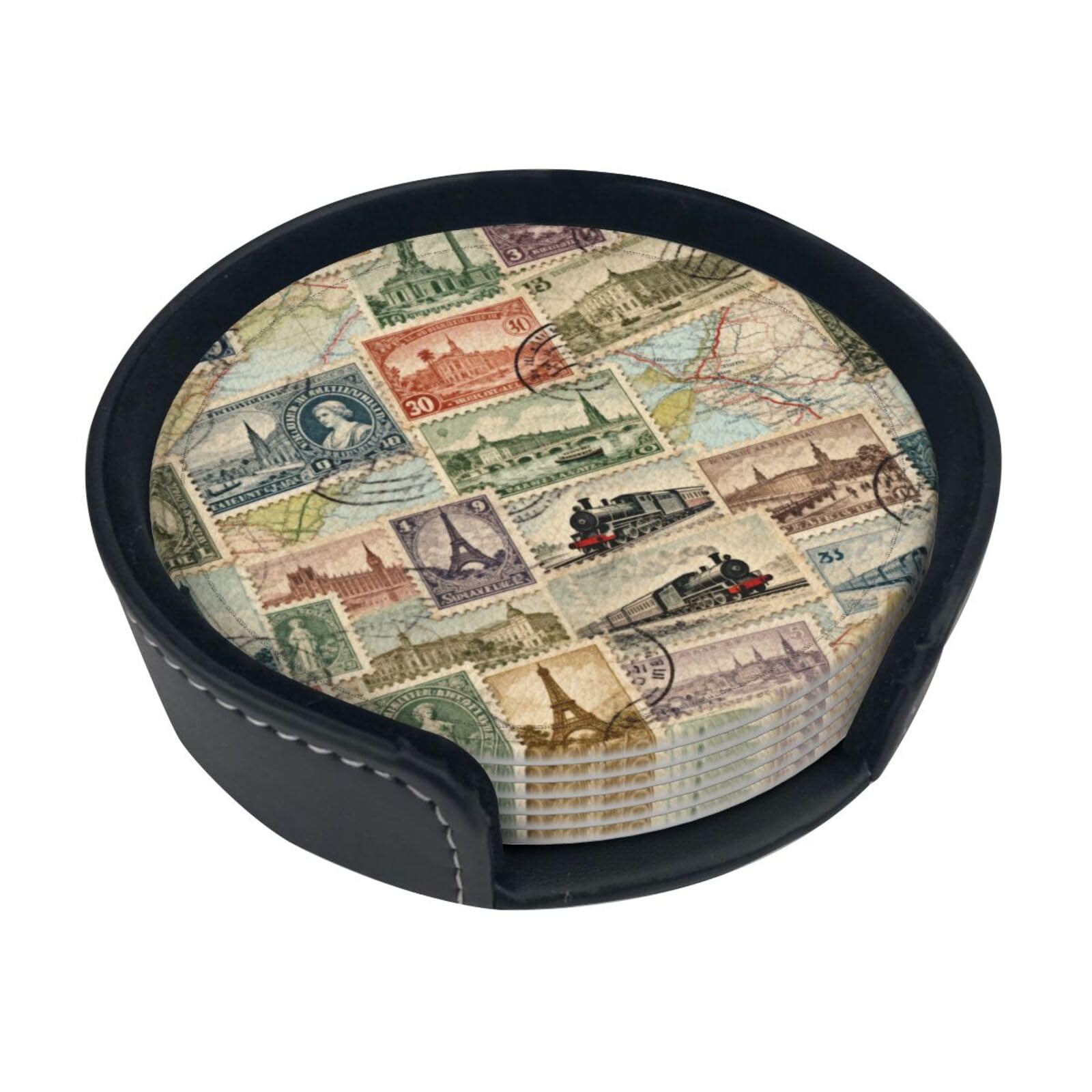 Cntdbu White Classic Stamps Leather Coasters Set Of 6-Pu Leather Drink Mats For Table, Heat Resistant Round Coasters With Holder