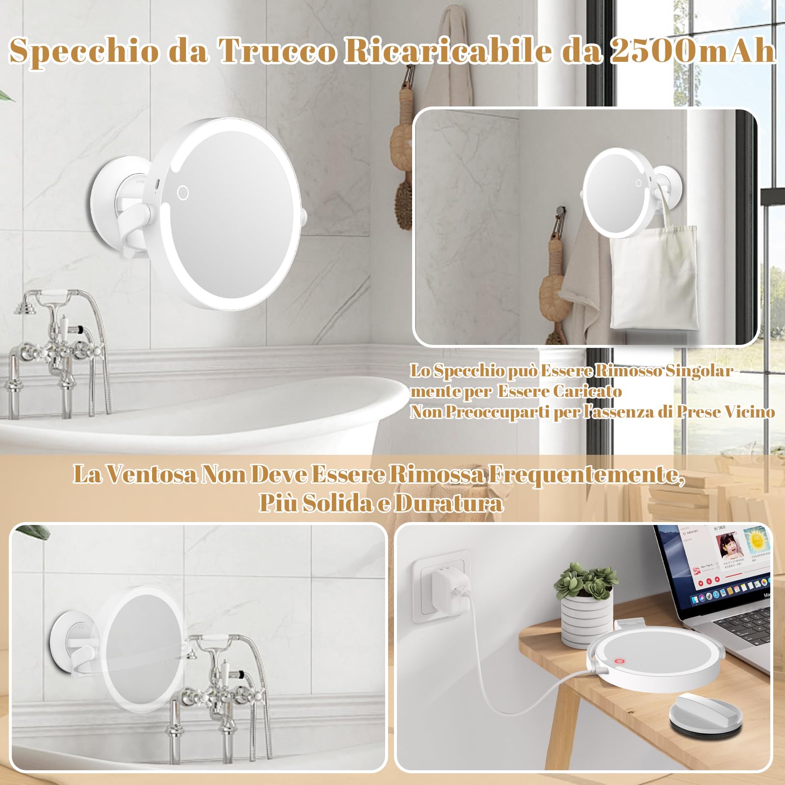 Robofun Specchio da trucco luminoso con ventosa potente, 10x ingrandimento luminoso, specchio d'ingrandimento a luce regolabile in intensità, altezza regolabile 25 cm