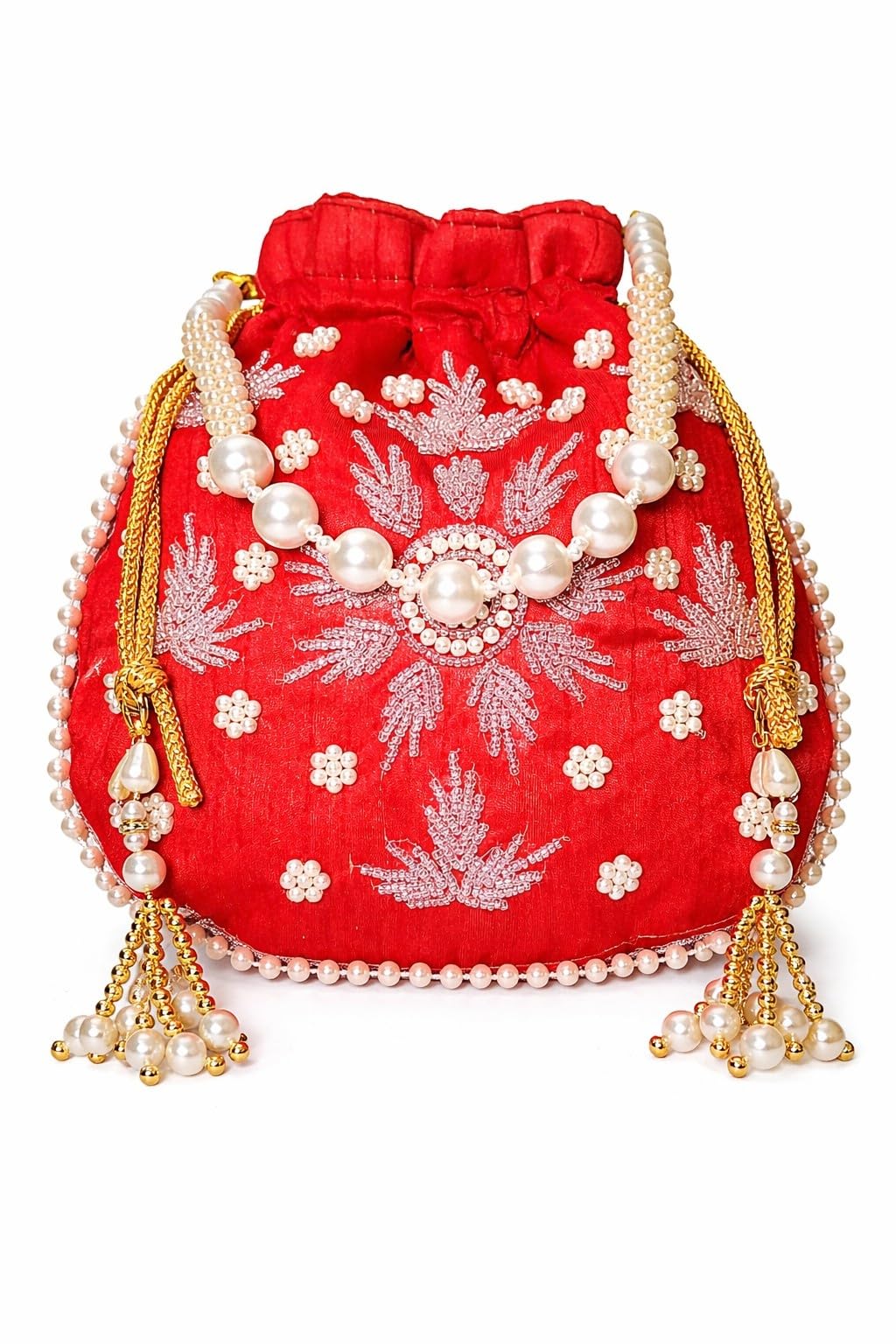 silver embedded beads and bright red color fabric ladies wedding potli bag for lehenga choli ghaghra sharara || party accessories for ladies-image-5