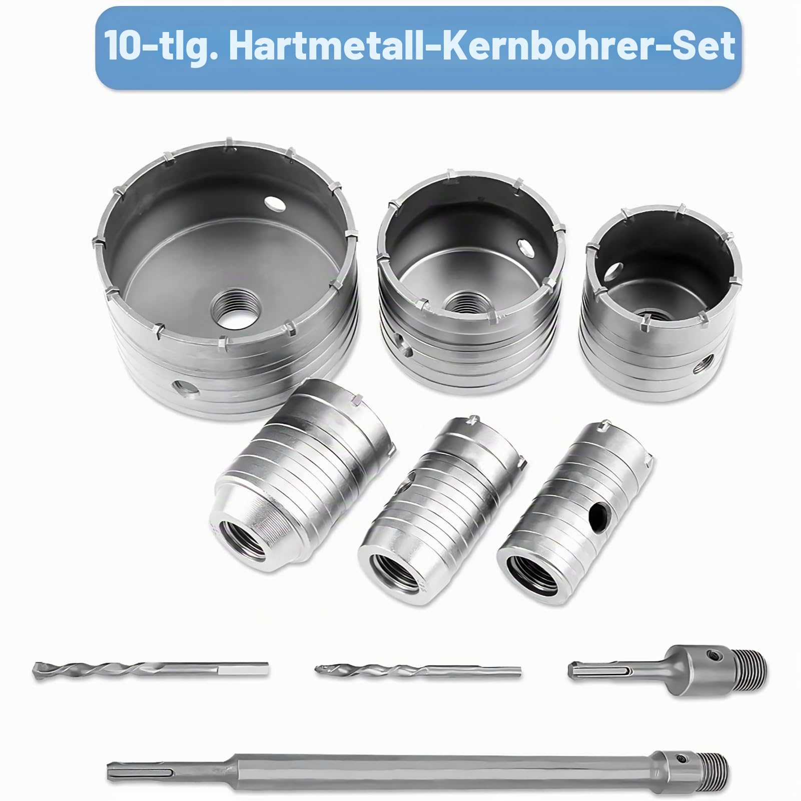 Greensen Bohrkronen-Set 6-teilig für Beton und Mauerwerk – SDS Plus Hohl-Bohrkrone, Dosenbohrer, Kernbohrer mit Zentrierbohrer – Ø 35/40/50/65/82/110 mm