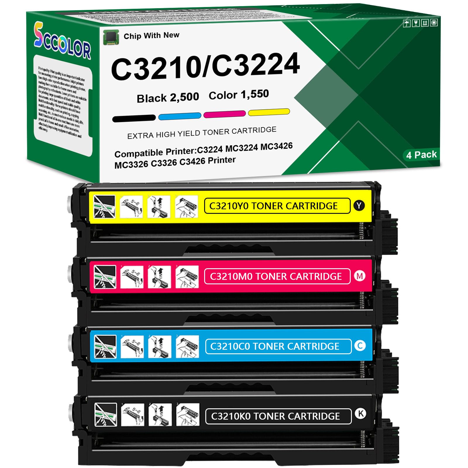 C3224 C3210 C3326 Toner Cartridges Extra High Yield Compatible for Lexmark C3224 C3210 C3210K0 C3210C0 C3210M0 C3210Y0 Replacement for Lexmark C3224
