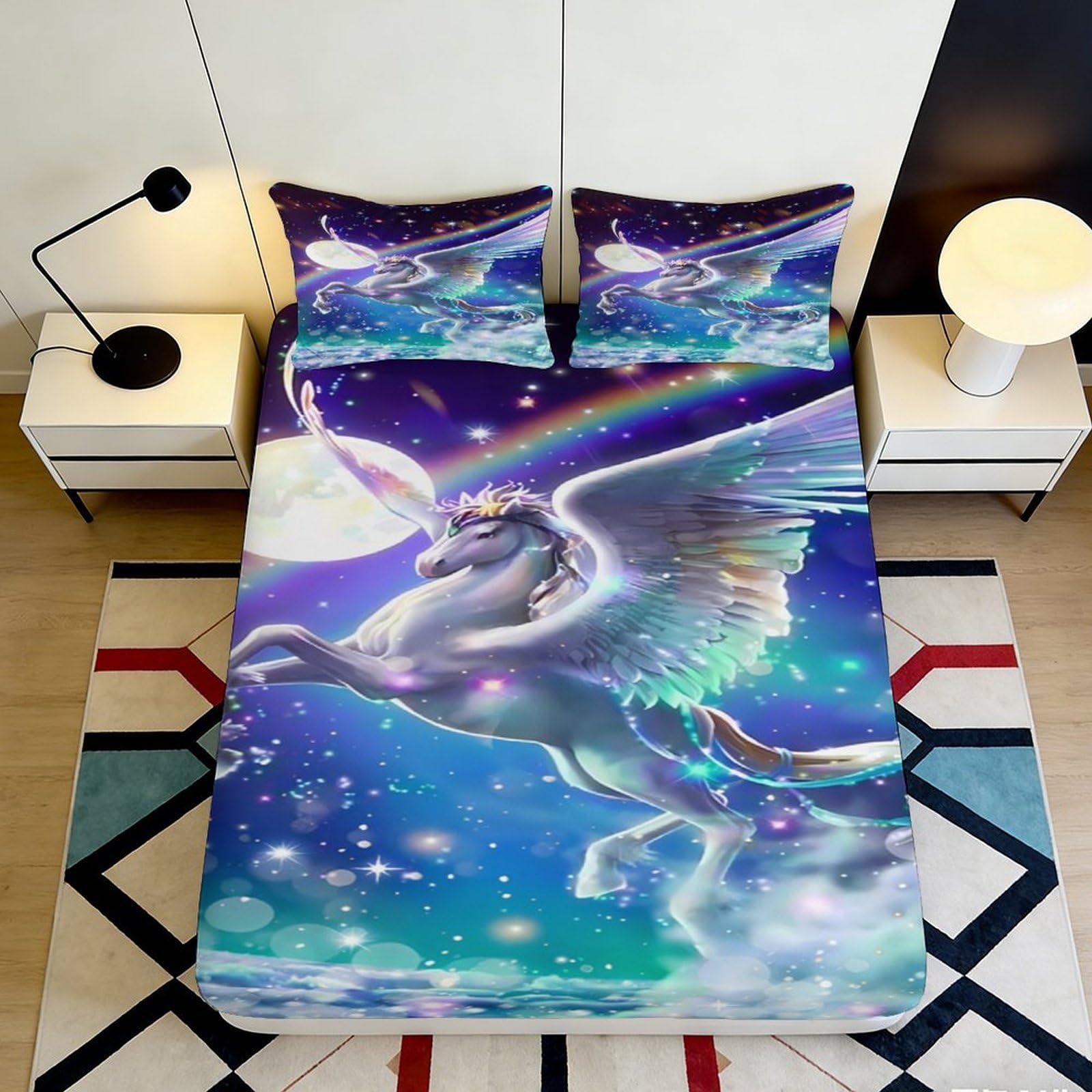 3D Printed Pegasus Unicorn Fitted Sheet Microfiber Soft Breathable Rainbow Night Sky Mattress Cover for Bedroom Dormitory Guest Room Decor 180x200x25cm