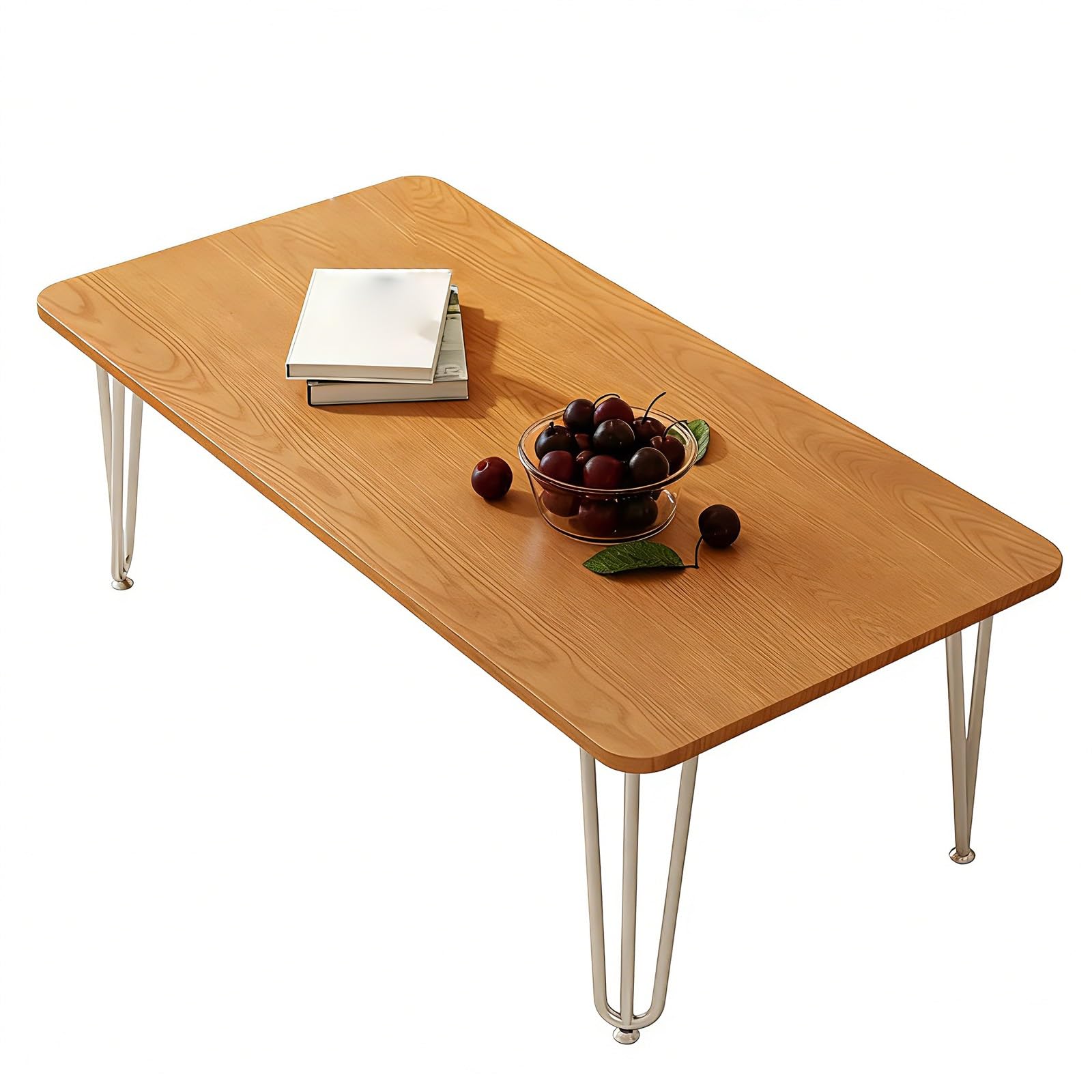 Table basse japonaise en bois d'hévéa massif et pieds de fer jaune 80 cm