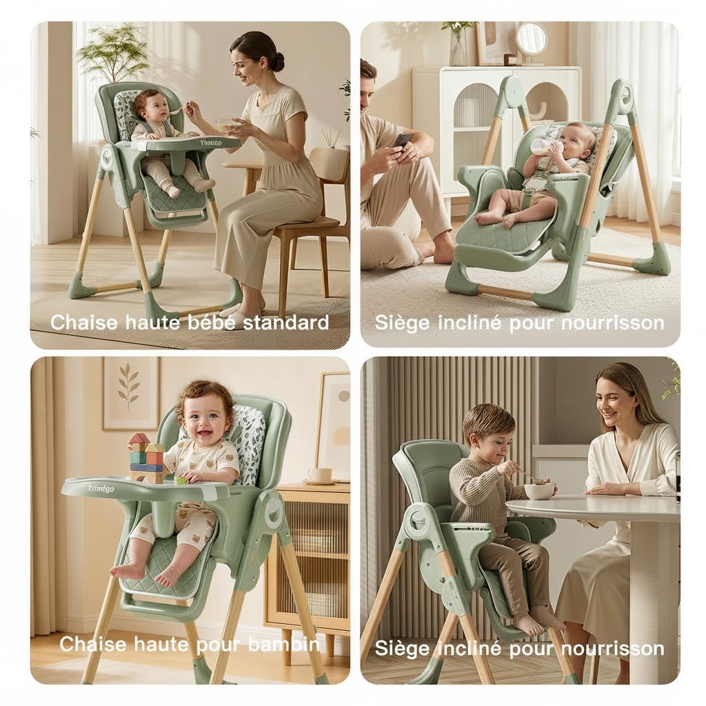 Chaise Haute Bébé Évolutive 0-3 Ans, Pliable, 7 Positions Hauteur, 3 Réglages Plateau, Dossier Inclinable 4 Positions, Plateau double couche amovible, Assise en Similicuir (Vert sauge)