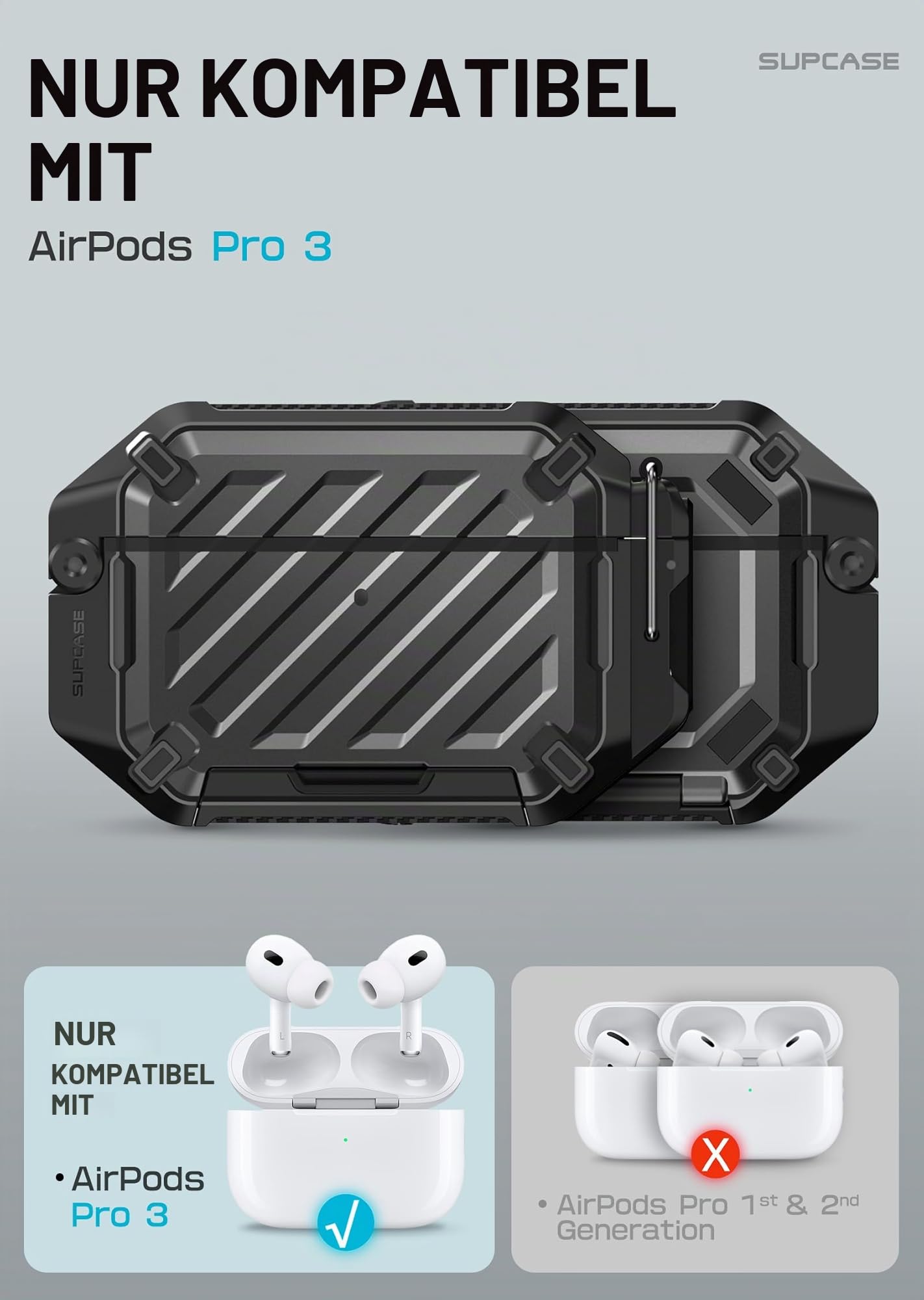 SUPCASE für AirPods Pro 3 Hülle mit Schloss und Karabiner, [IP68 Wasserdicht] [Schutz in Militärqualität] [Unterstützt kabelloses Laden] Kratzfest Schutzhülle​​ Hardcase für AirPods Pro 3 (Schwarz)