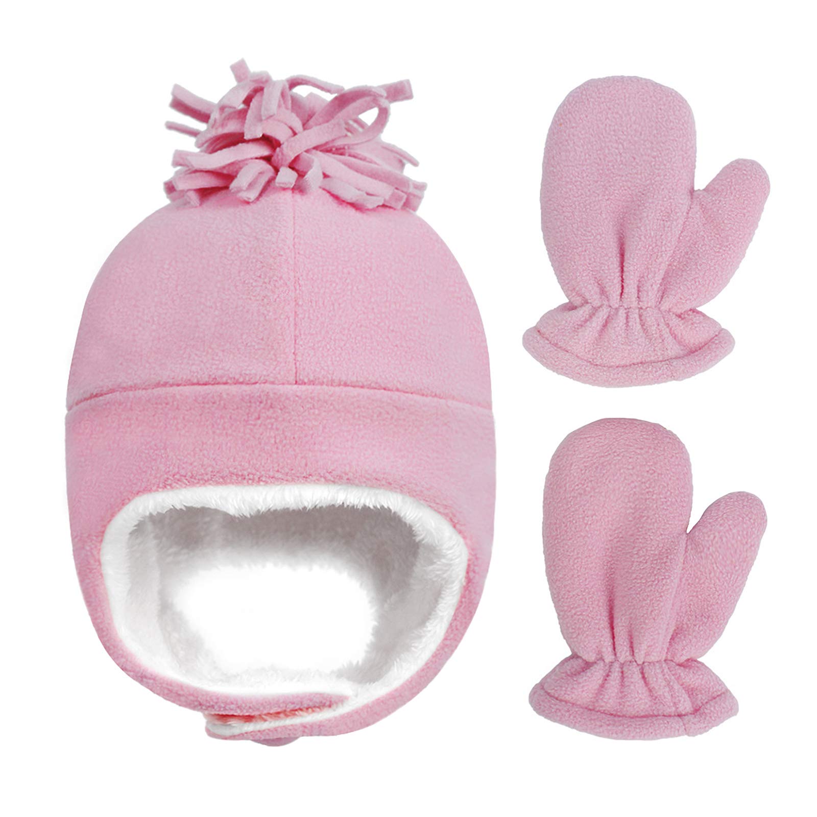 Kids Toddler Winter Fleece Hats Gloves Set Thermal Sherpa Lined Earflap Cap Snow Trapper Pom Hat Beanie for Boy Girl 4-8Y