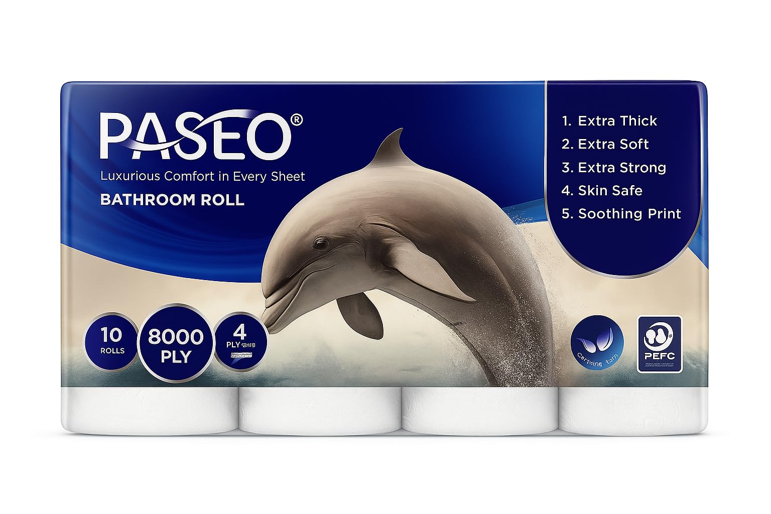Paseo Dolphin Print Bathroom Tissue Roll | 4 Ply Toilet Paper | Extra Soft & Thick | Skin Safe & Eco-Friendly | Pack of 100 Rolls (800 Sheets per Roll, 80,000 Sheets Total)-image-2