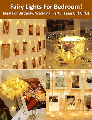 Miniatura 6 de Cadena de luces con clip para fotos con control remoto, 33 pies, 100 luces LED a pilas, luces estrelladas de alambre de cobre impermeables con 50