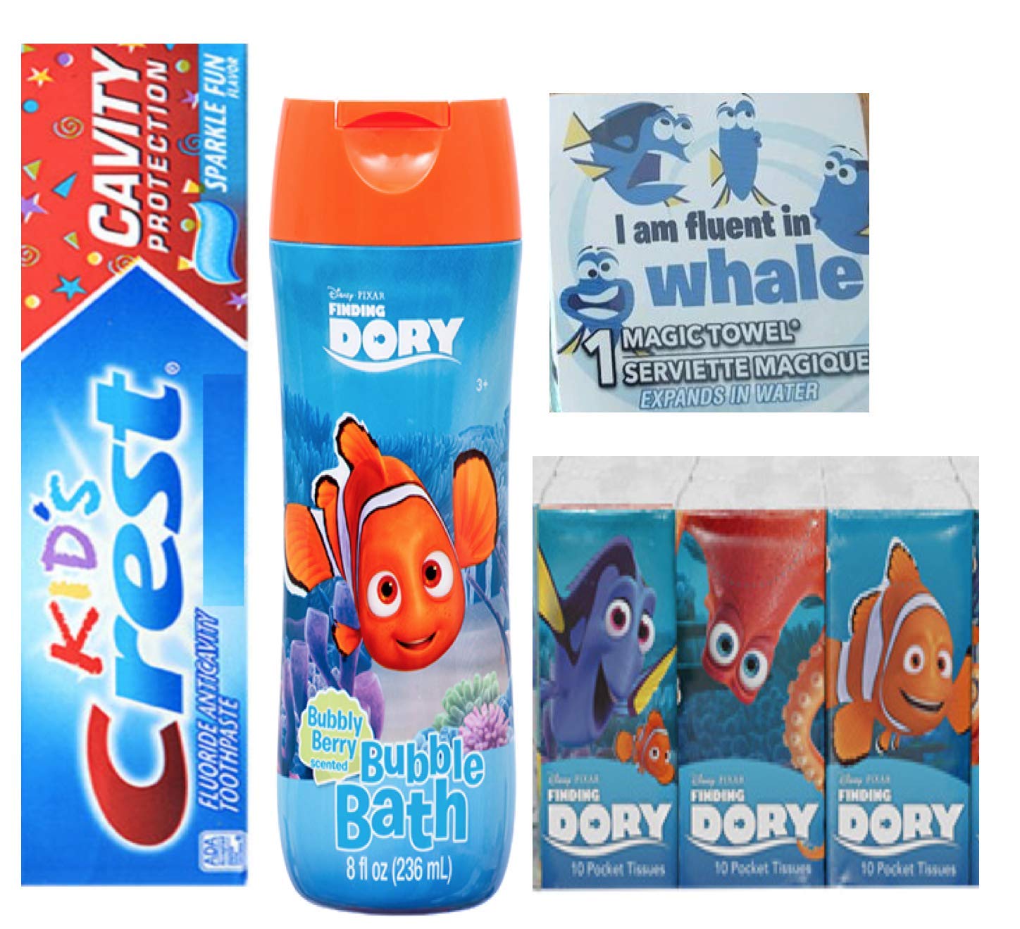 Personal Care Hygiene for Kid's with Finding Dory Include Toothpaste, Bubble Bath, Washcloth (Grows in Water), Pocket Tissue Bundle