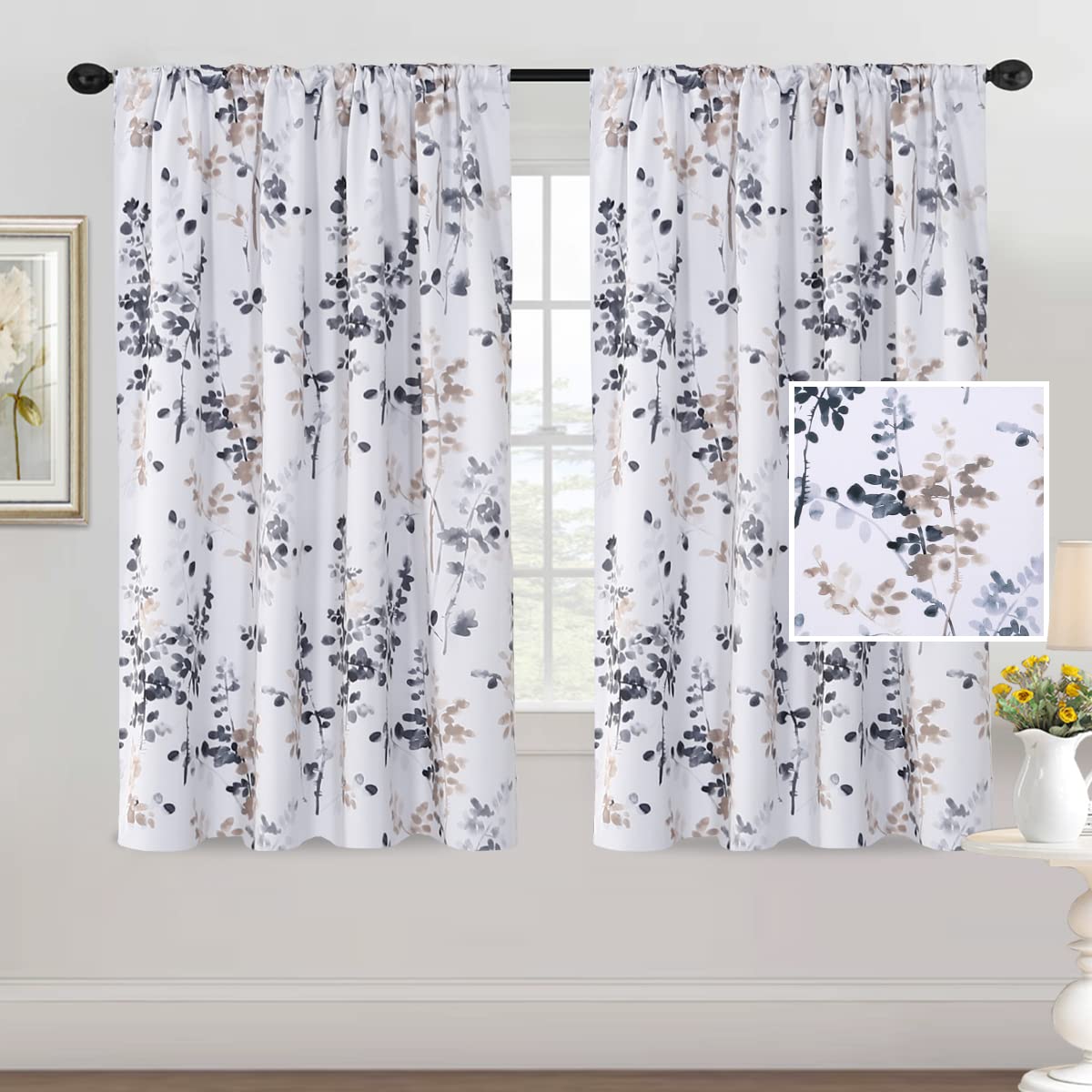 H.VERSAILTEX Floral Curtains 63 Inches Long Printed Pattern Room Darkening Curtains for Bedroom Rod Pocket Window Treatment Curtains, 2 Panels, Bluestone and Taupe Classical Floral