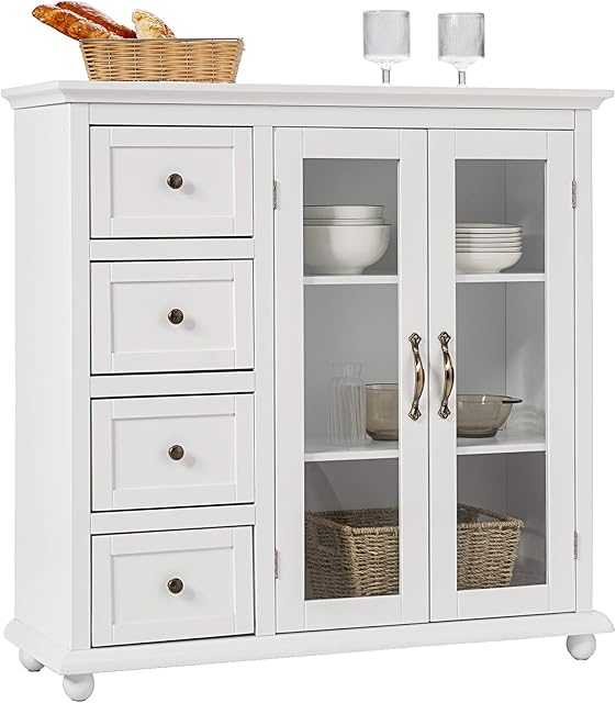 COSTWAY Buffet Sideboard, Wooden Storage Cabinet with 2 Glass Door, 4 Drawers, 3 Shelves and Anti-toppling Device, Console Pantry Cupboard for Kitchen Living Room Hallway (White)