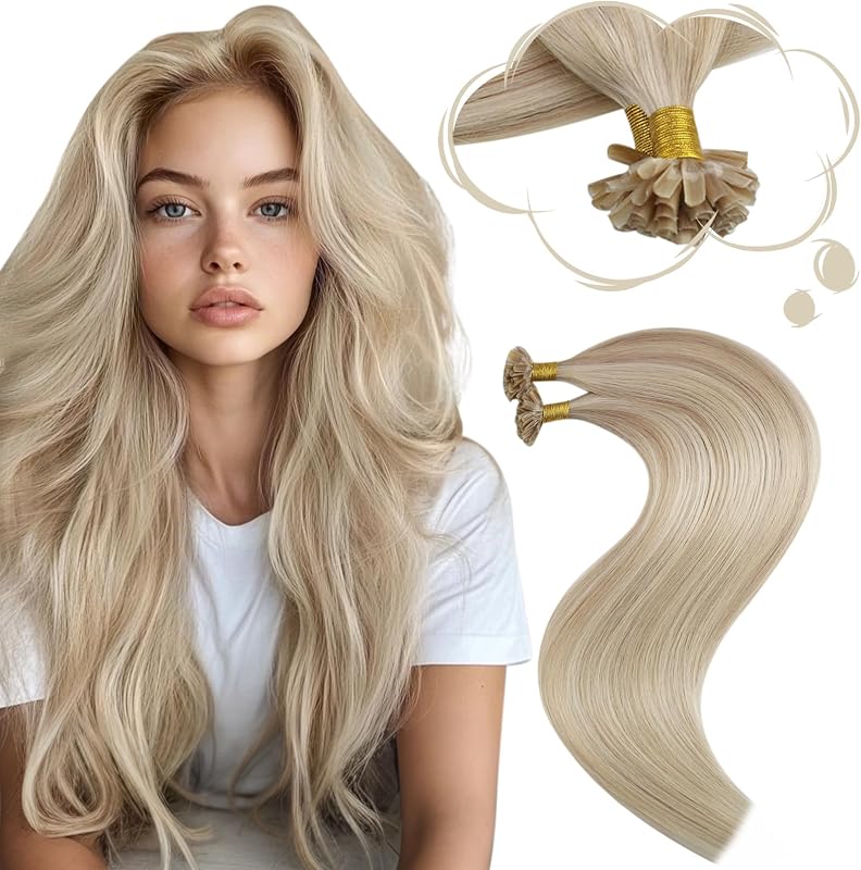 Moresoo Extensiones de cabello con punta en U Cabello humano, resaltado rubio ceniza, 16 pulgadas | 50 g 50 hebras, textura suave y recta, rubio dimensional, uso diario, instalación profesional, profesionales de oficina