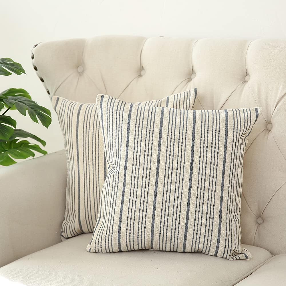 Kiuree Grey and Cream Farmhouse Throw Pillow Covers 18 x 18, Modern Accent Square Decorative Pillow Case, Set of 2 Stripes Textured Linen Throw Pillow Case for Sofa Couch Chair Bedroom(Grey): Home & Kitchen