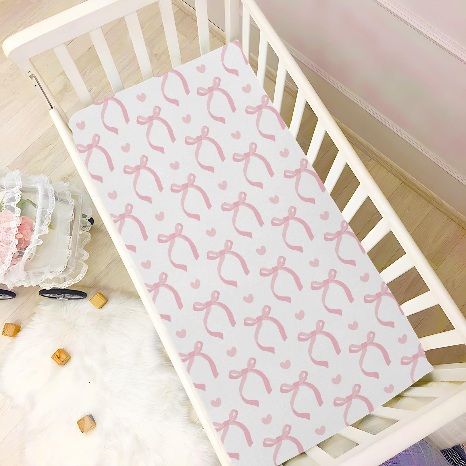 Pfrewn Crib Sheets for Boys Girls Aesthetic Pink Ribbon Bow Fitted Crib Sheet for Mini Crib Mattress Stretch Soft Toddler Baby Playard Sheet,39x27IN