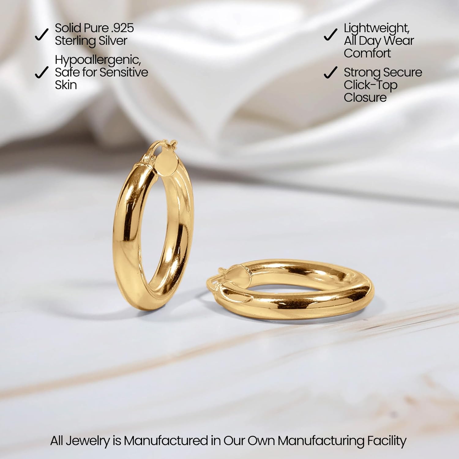 Hoops & Loops - Sterling Silver 25mm High Polished Click Top Hoop Earrings in Yellow Gold Flash Plated