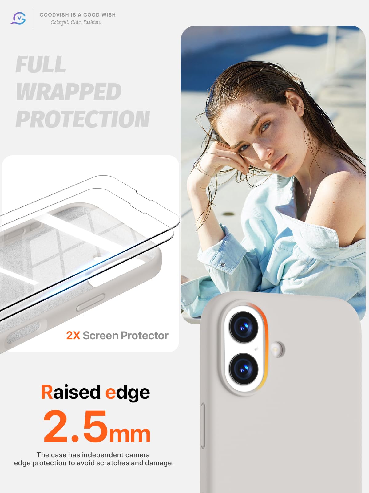 GOODVISH 3 in 1 Silicone Cover per iPhone 17 6.3", Custodia con 2 Pellicola Vetro Temperato [Protezione Fotocamera] 360° Protezione Anticaduta Case per Cellulare Antiurto Resistente, Grigio Pietra
