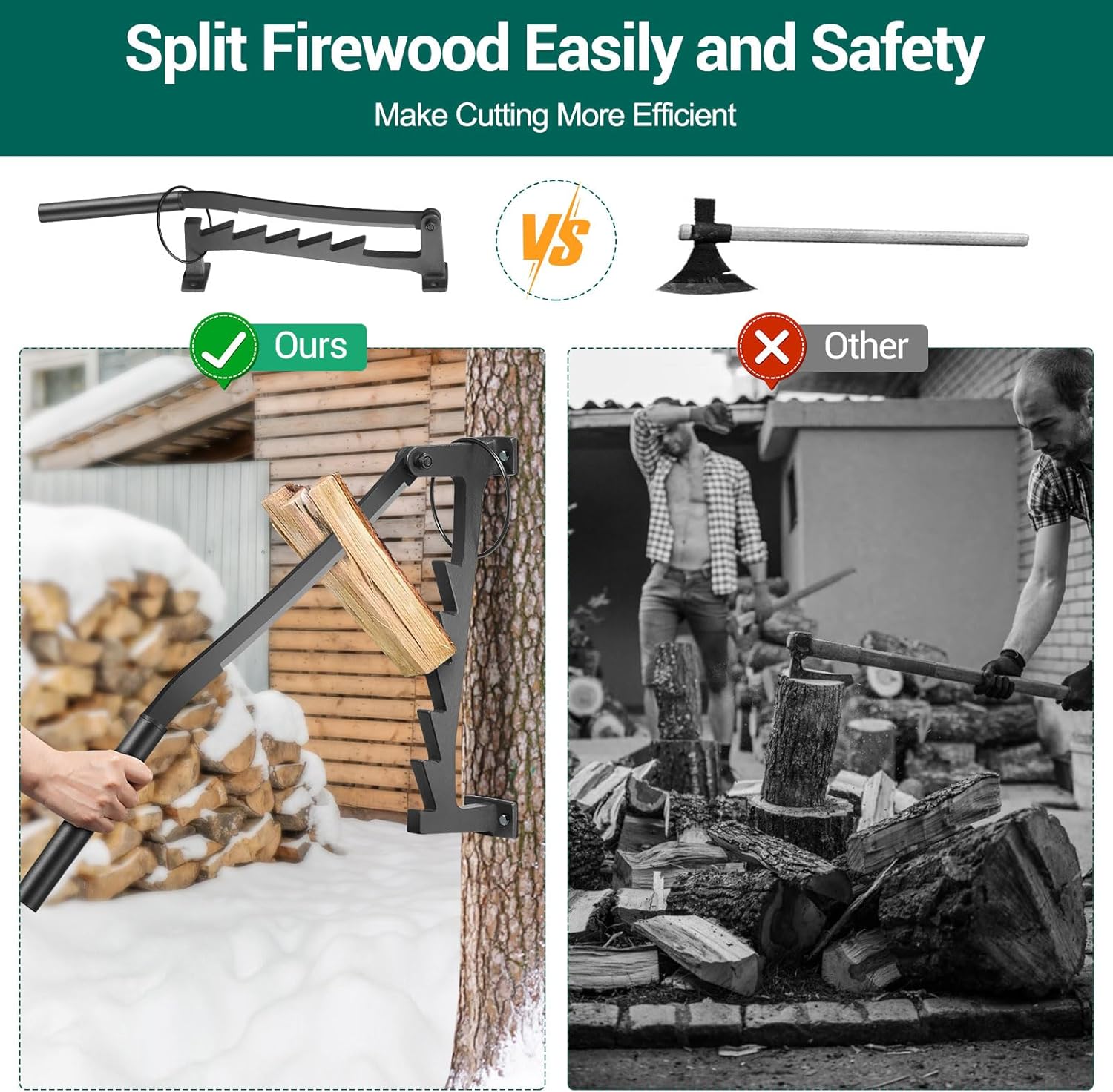 Kindling Splitter for Wood, Wall Mounted Manual Firewood Splitte, Log Splitter Wood with Extended Handle, High-Efficiency Labor-Saving Firewood Splitter for Indoor and Outdoor Camping