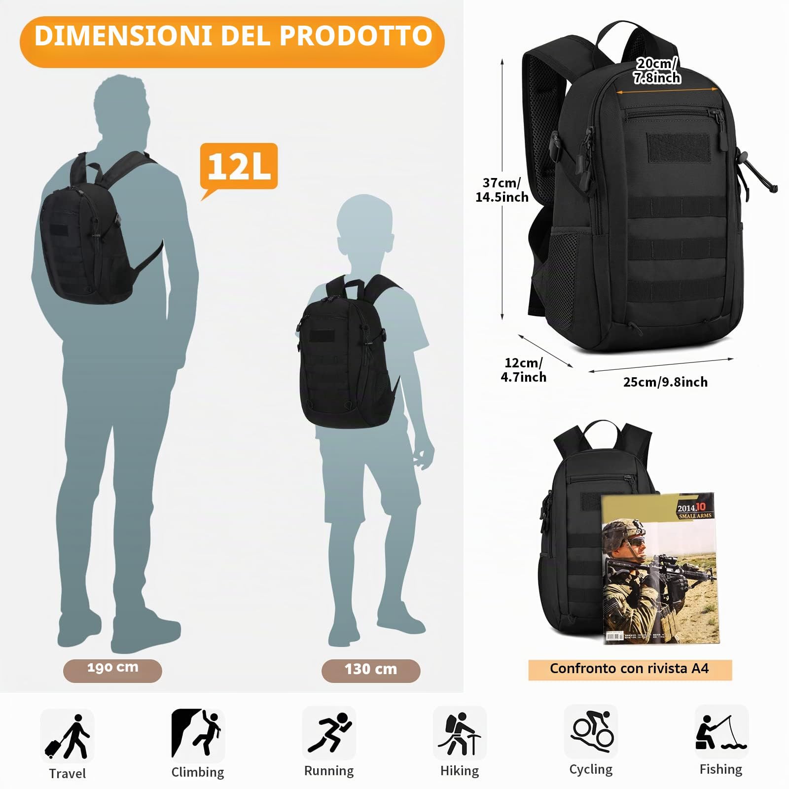 HUNTVP Mini Zaino Uomo 12L/ 15L/ 20L/ 30L Tattico Militare Zainetto Molle per Trekking Campeggio Escursionismo Ciclismo Viaggio Sport