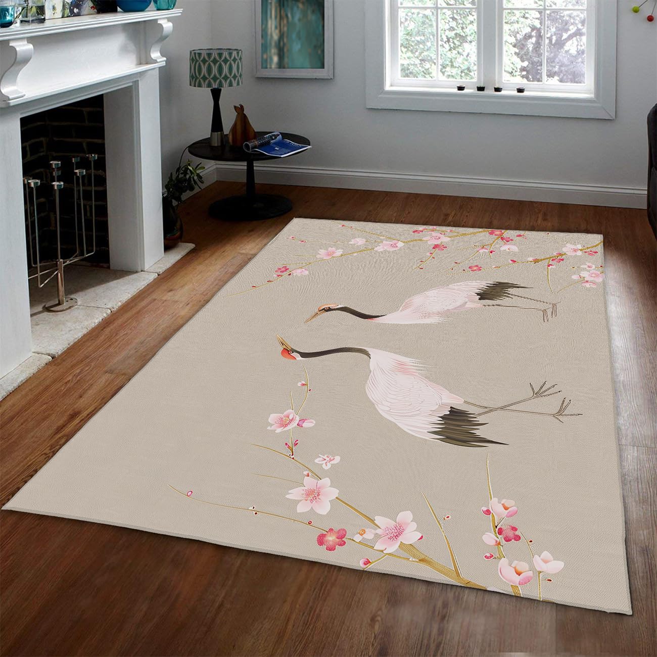 Tapis imprimé floral beige 120x150 de style vintage avec motifs grues élégants