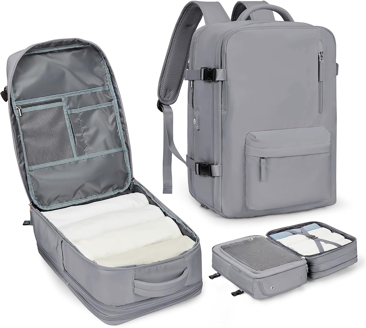 WONHOX Large Travel Laptop Backpack Expandable Flight Approved Backpack Carry on Backpack for Women Men Waterproof 17inch Laptop Daypack Hiking Work Backpack with Shoe Compartment Grey