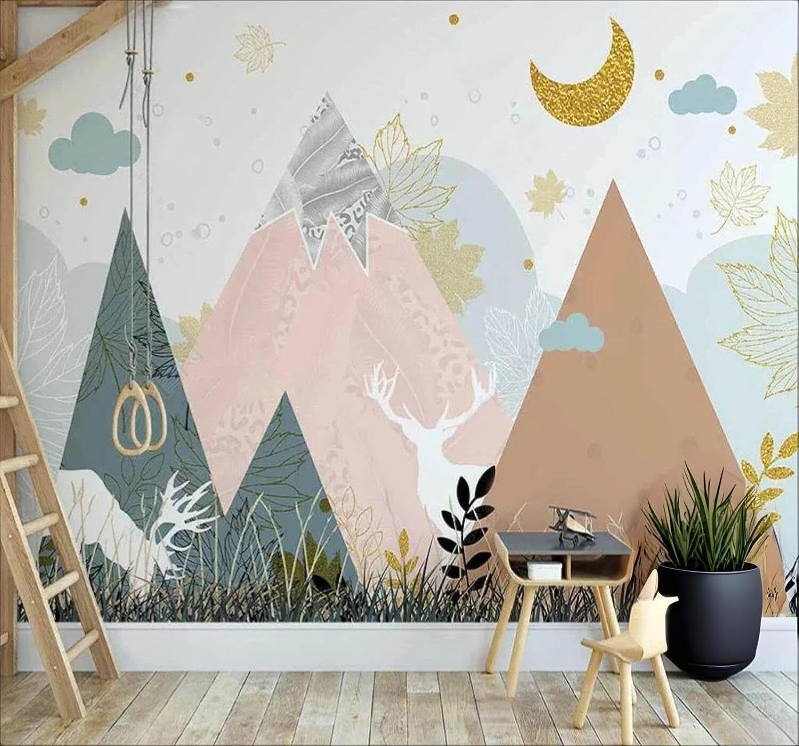XLMING Cartoon Moon Abstract Mountain Peaks Reindeer 3D Wallpaper Luxury Silk Study Dining Feature Sofa Grey Bedroom Living Room Tv Decorative Wall-400cm×280cm
