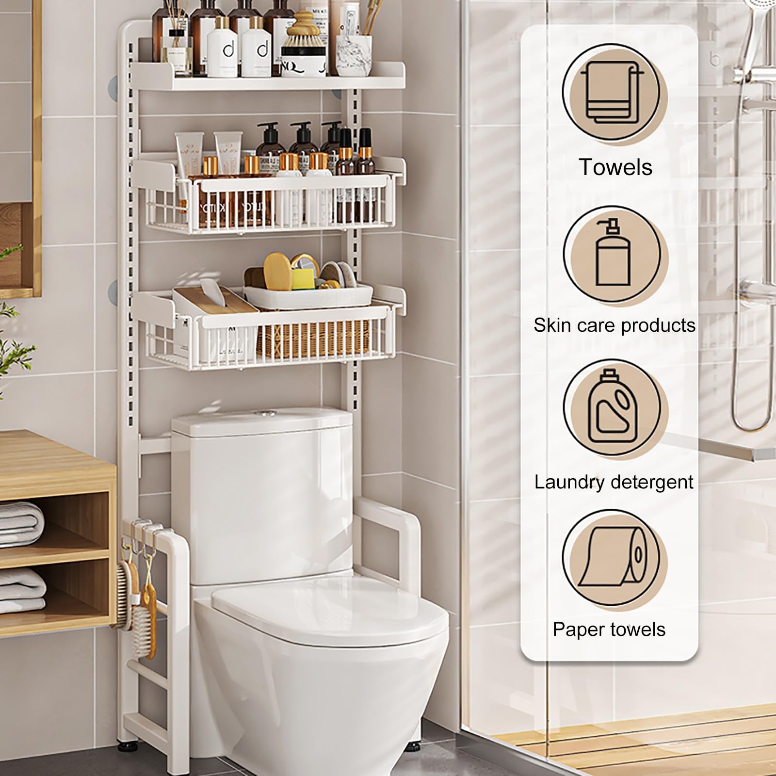 Über-der-Toilette-Aufbewahrungsschrank, Verstellbarer 3-Stufiger Toilettenregal, Stabiler Freistehender Toilettenschrank, für Küche und Bad