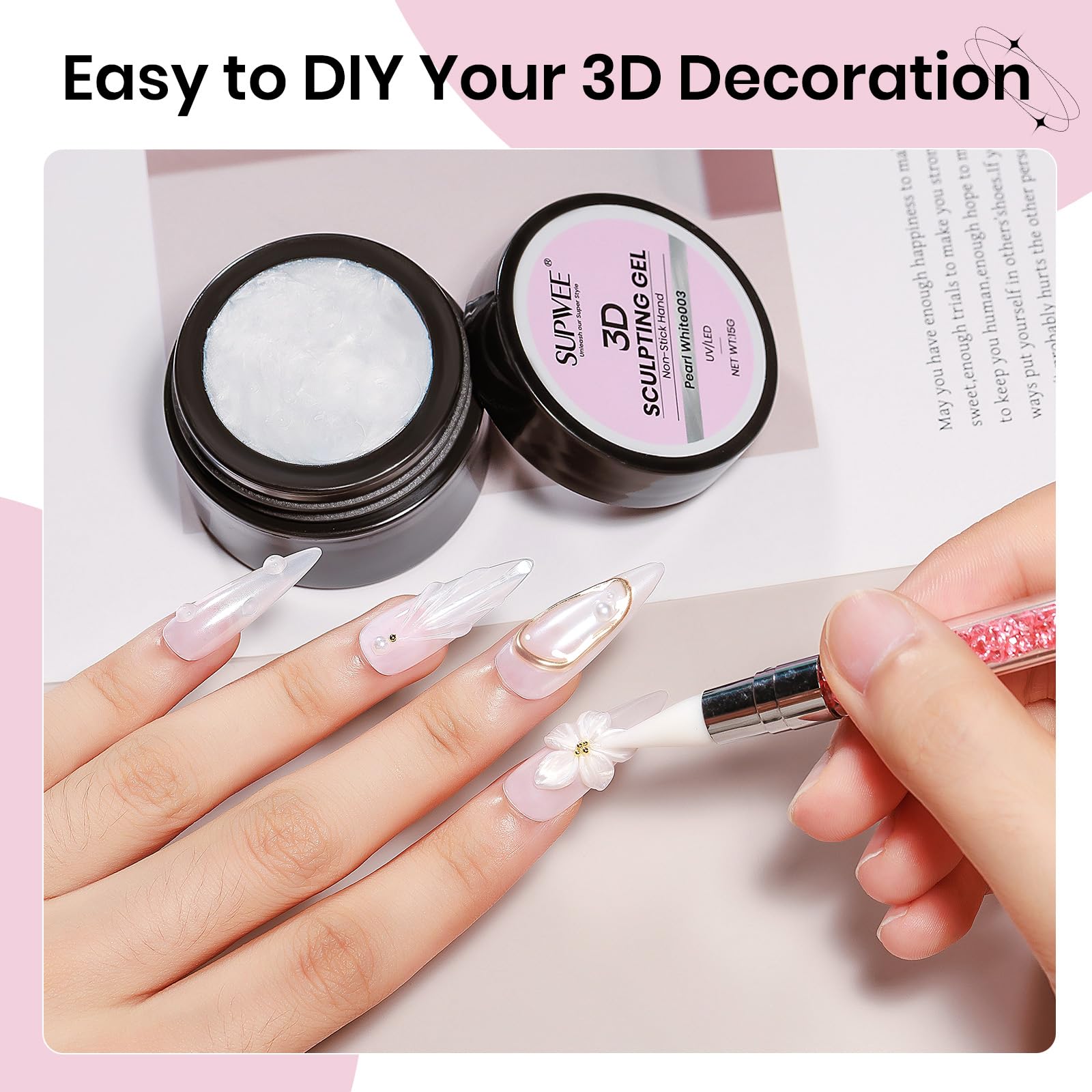 SUPWEE Solid Builder żel do paznokci 15 g, nieprzywierający żel 3D Nail Art perłowo-biały, rzeźba, żel do paznokci 3D, "zrób to sam" do samodzielnego wykonania w domu