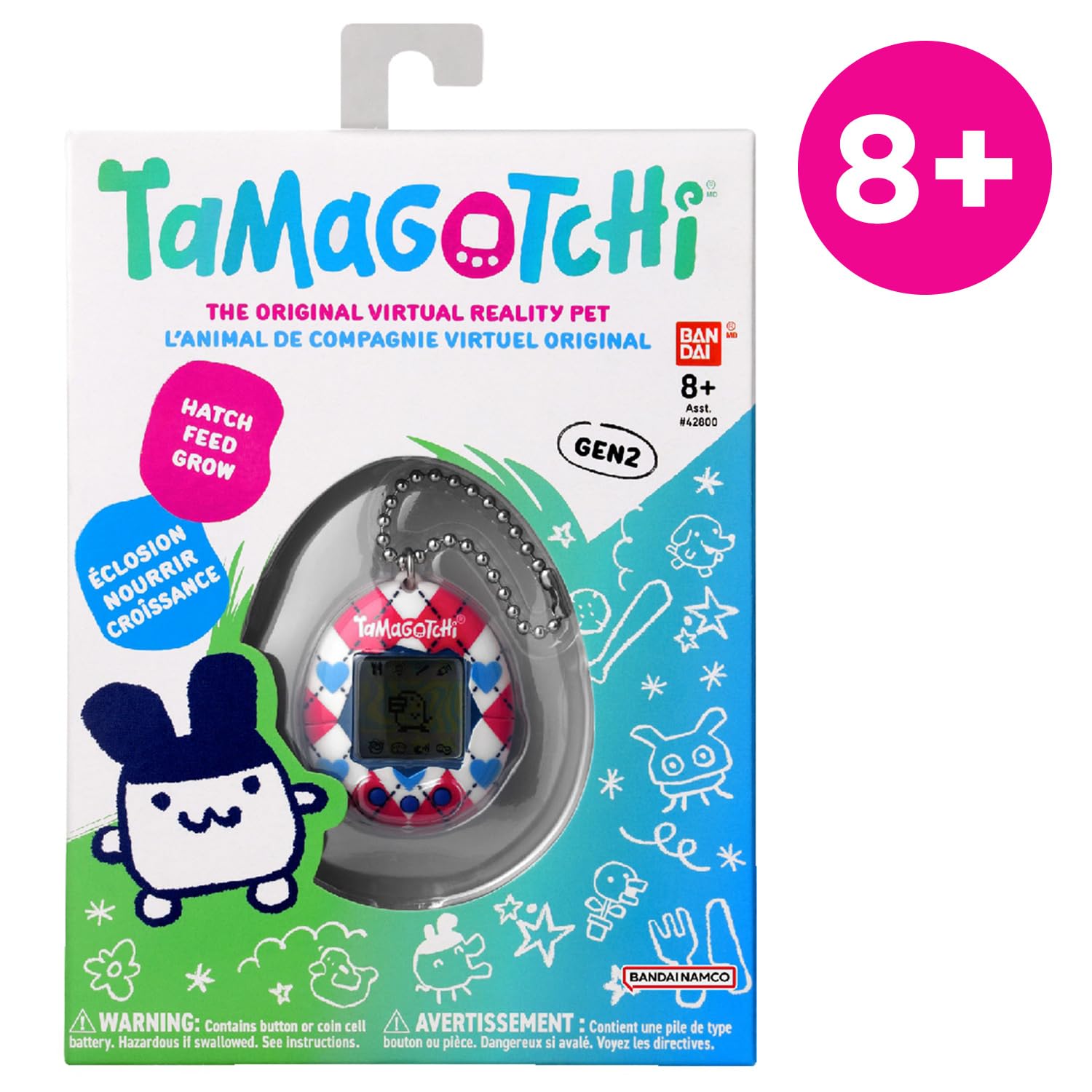 Bandai – Tamagotchi Original – Argyle Heart – Animal interactif avec écran LCD en Français, Mini-Jeux – Idée Cadeau Jeu Animal virtuel – Motif Carreaux cœurs – Jouet Enfant 8 Ans et + – 42981
