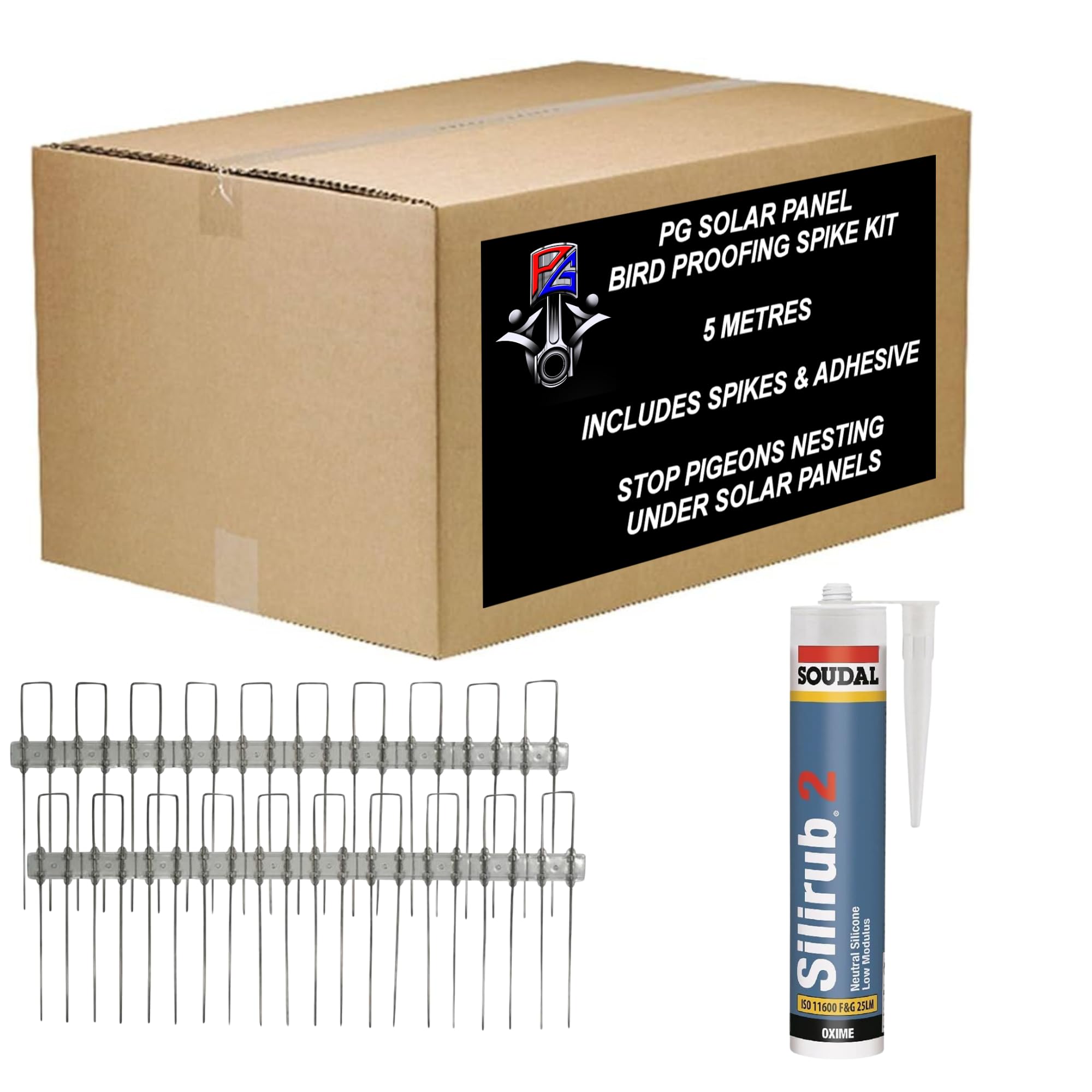 PG 5m Solar Panel Bird Proofing Kit Stainless Steel Clear Bird Spikes 210mm with Silirub 2 Sealant - to Control & Prevent Pigeons Nesting (5 Metres)