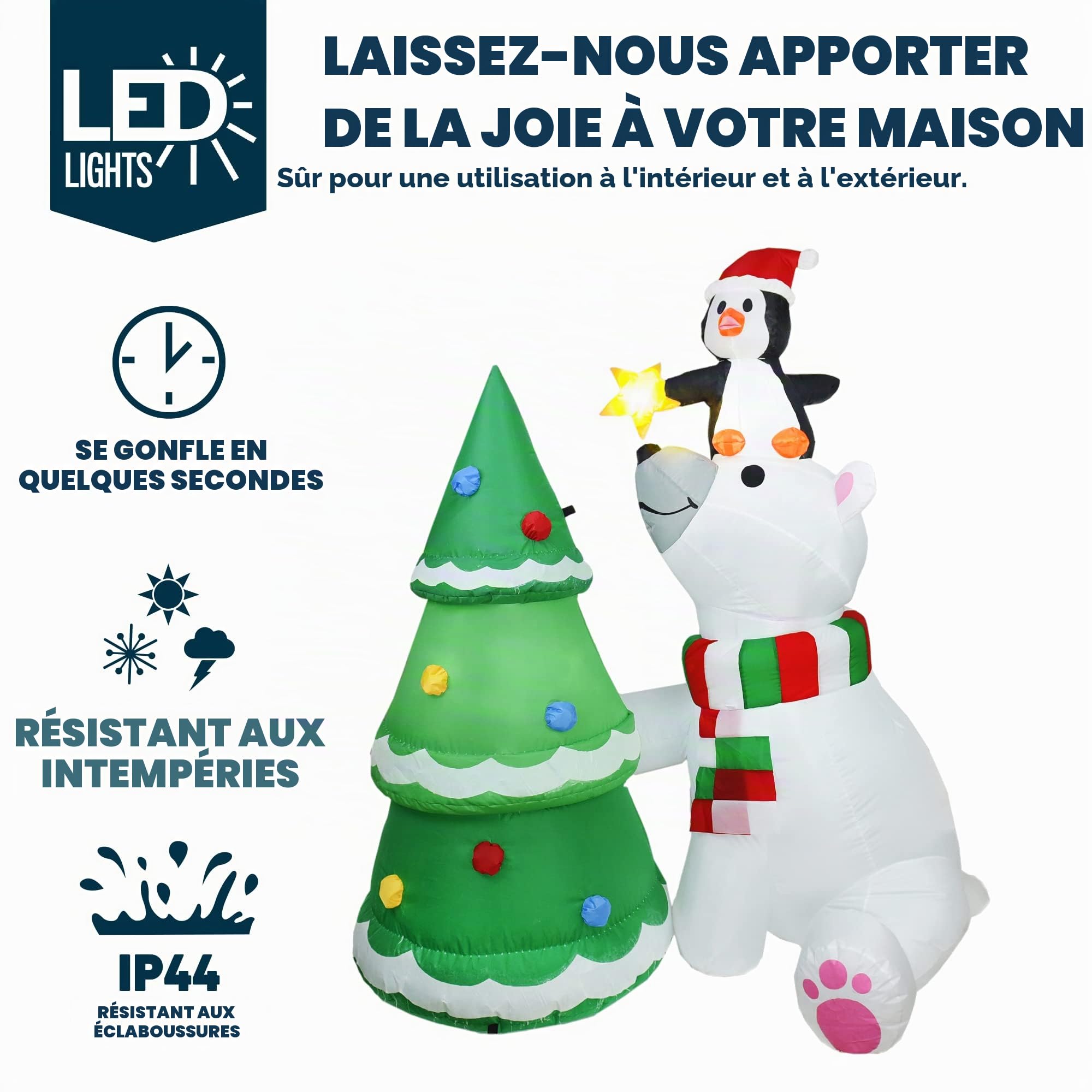 Joiedomi Ours Polaire Gonflable de 1,8 m avec Pingouin et Sapin de Noël avec LED intégrées pour fête de Noël en Plein air, Cour, Jardin, décoration d'hiver