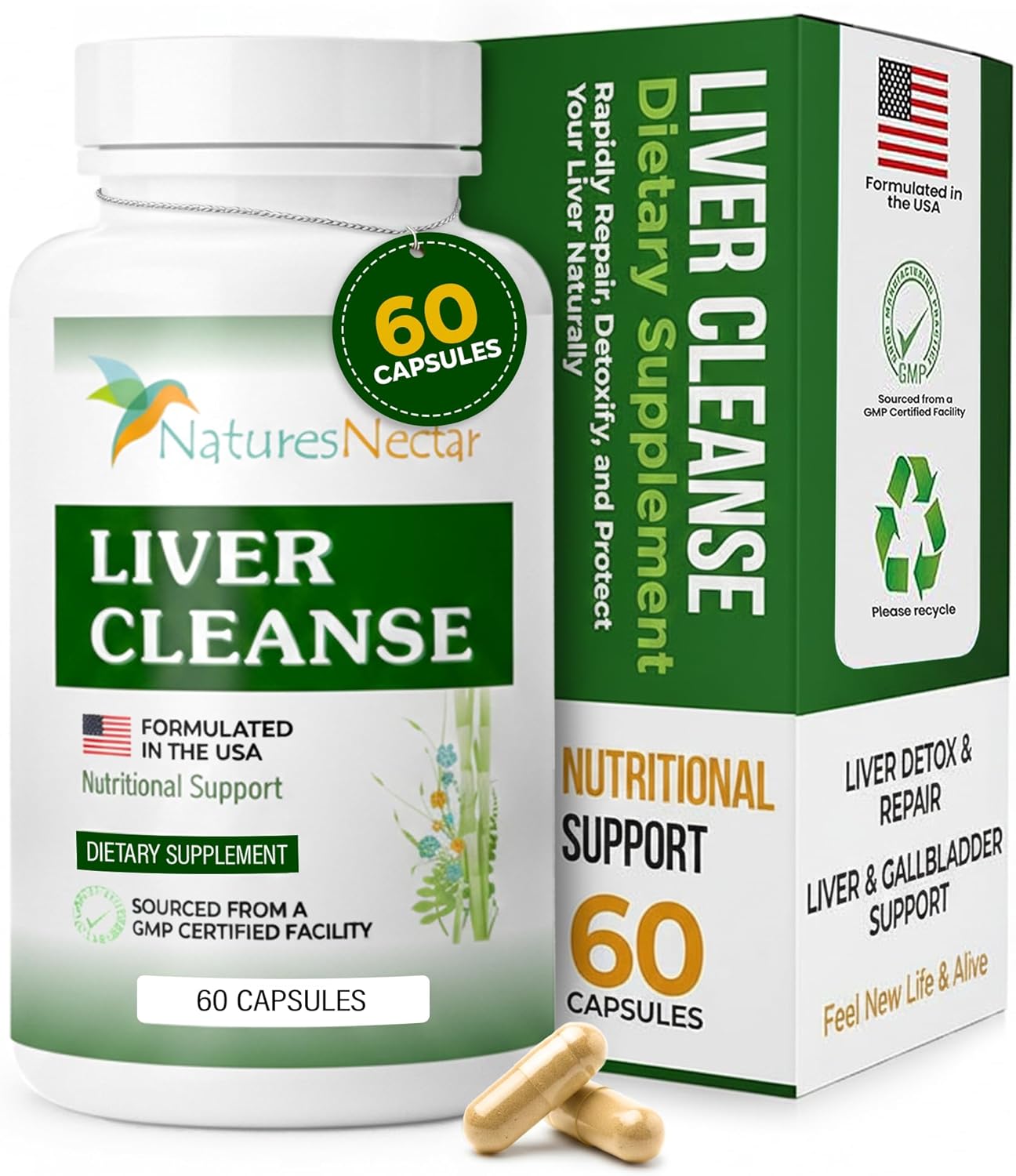 Nature's Nectar Liver Cleanse Detox & Repair – Active Liver Support Supplement with Milk Thistle Liver Detox – Helps Repair & Protect Liver, Aids Fatty Liver & Gallbladder Health – 60 Capsules