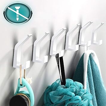 Toallero sin taladrar, color blanco, 6 unidades, gancho de pared, gancho de pared de acero inoxidable, gancho para baño, inodoro, toallero, cocina, ...