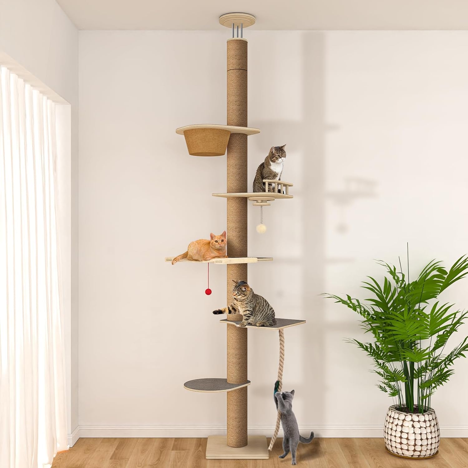 Floor to Ceiling Cat Tree, 5 Tier Cat Tower Adjustable Height (82-120 in), Tall Climbing Tree with Perches, Hammock, Scratching Post, Bed, Ball Toys, Solid Structure and Neutral Color Fit Home Decor