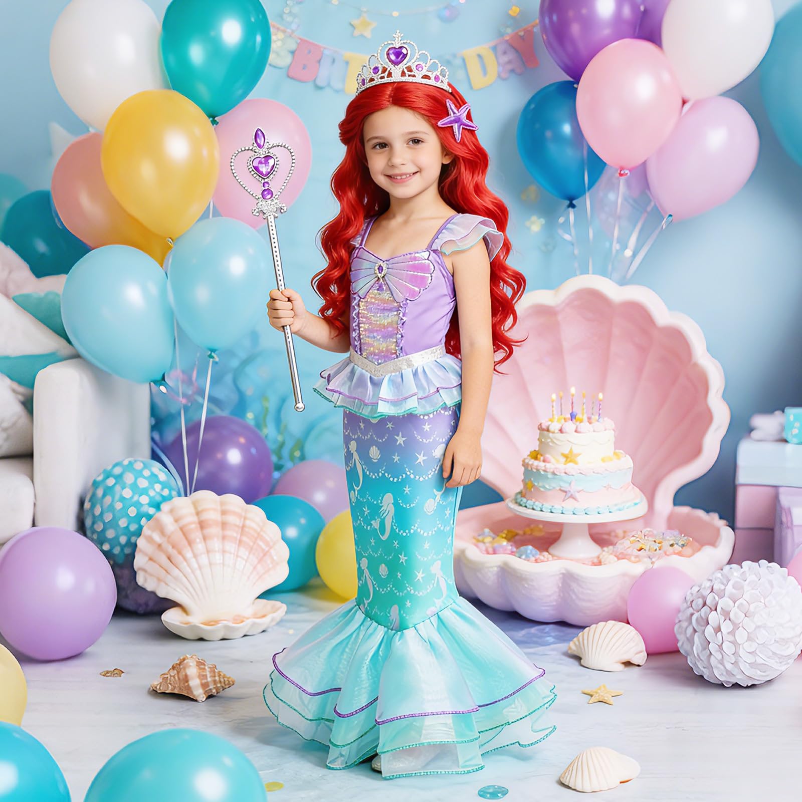 Disfraz Vestido Sirenita Niña, Cola de Sirena Niña con Varita Mágica, Corona y Peluca, Vestido de Sirena para Carnaval, Halloween, Fiestas de Disfraces y Otras Celebraciones
